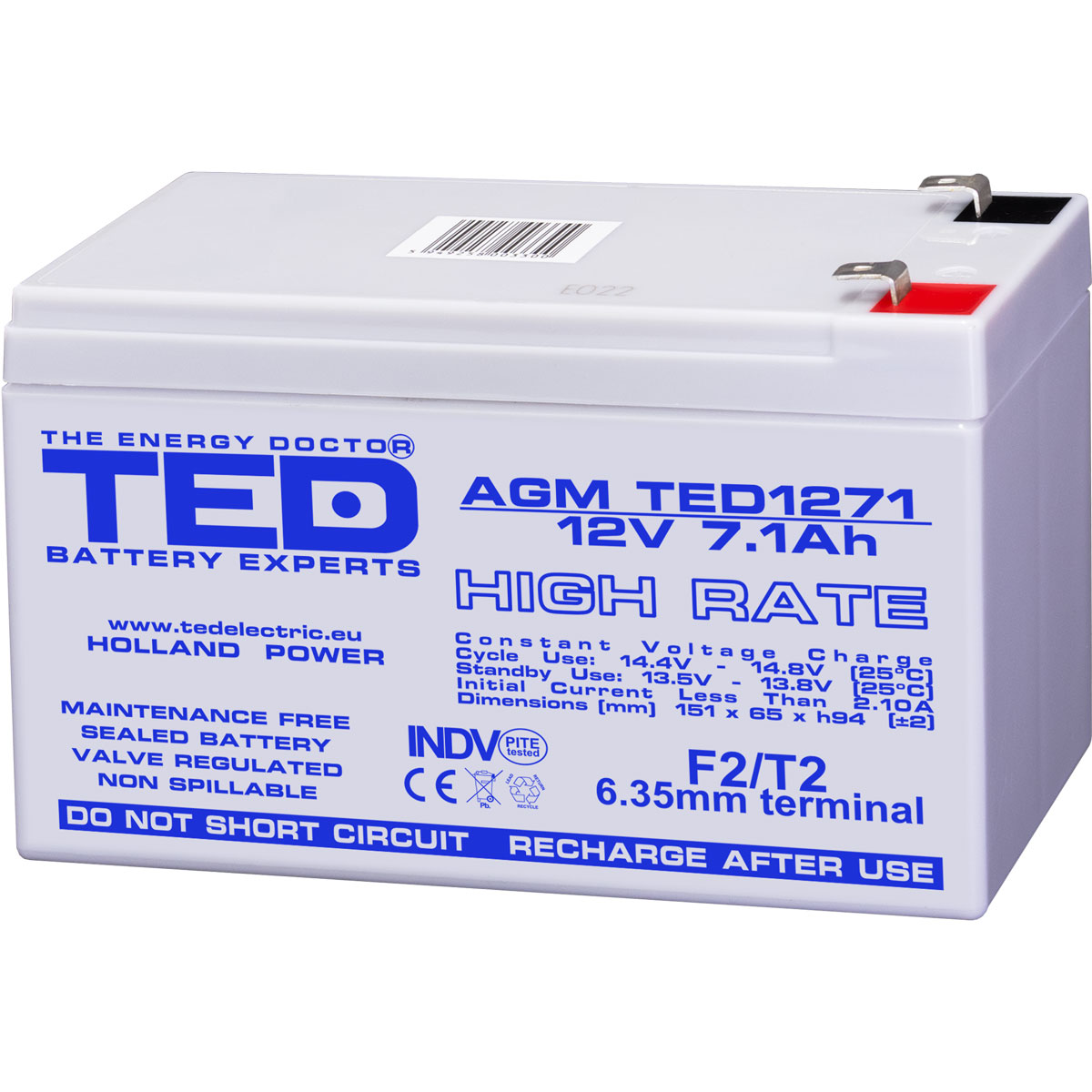 Acumulatori Stationari Etansi - Acumulator 12V High Rate, Dimensiuni 151 x 65 x 95 mm, Baterie 12V 7.1Ah F2, TED Electric TED003300, globstar.ro