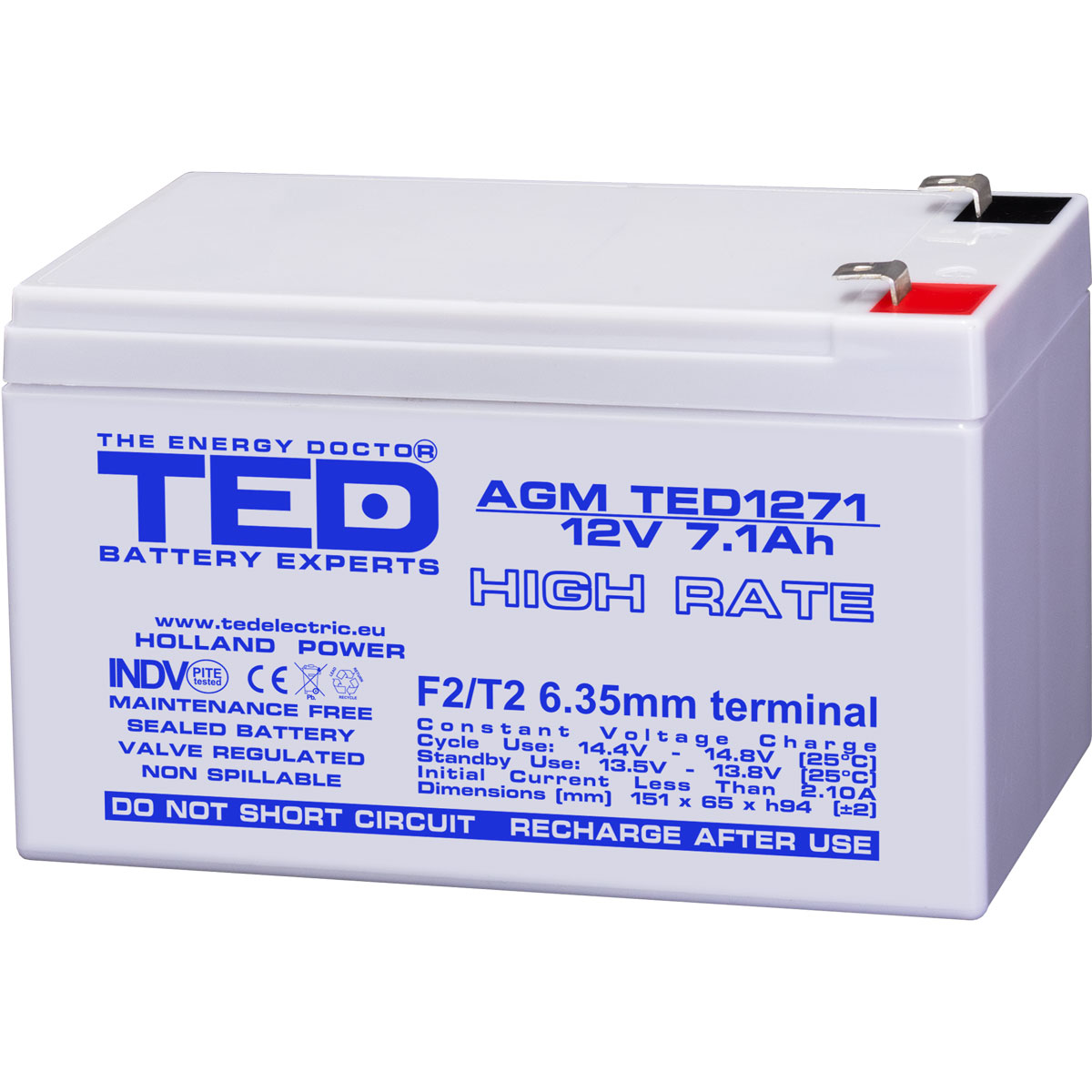 Acumulatori Stationari Etansi - Acumulator 12V High Rate, Dimensiuni 151 x 65 x 95 mm, Baterie 12V 7.1Ah F2, TED Electric TED003300, globstar.ro