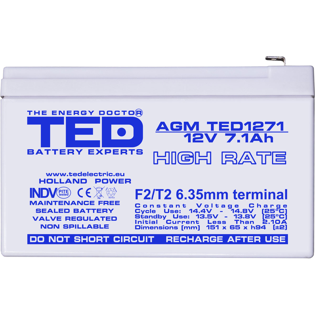 Acumulator 12V High Rate, Dimensiuni 151 x 65 x 95 mm, Baterie 12V 7.1Ah F2, TED Electric TED003300
