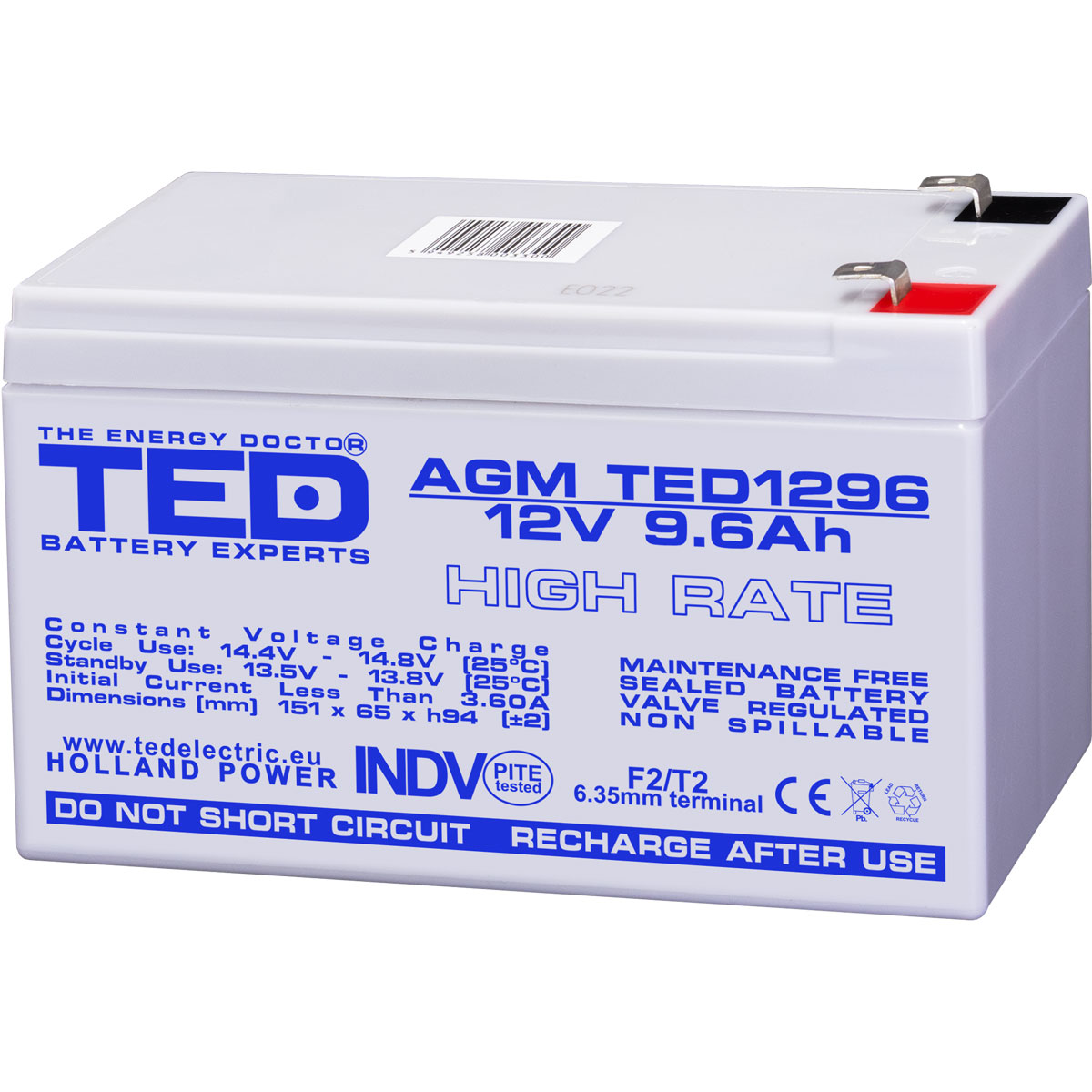 Acumulatori Stationari Etansi - Acumulator 12V High Rate, Dimensiuni 151 x 65 x 95 mm, Baterie 12V 9.6Ah F2, TED Electric TED003324, globstar.ro
