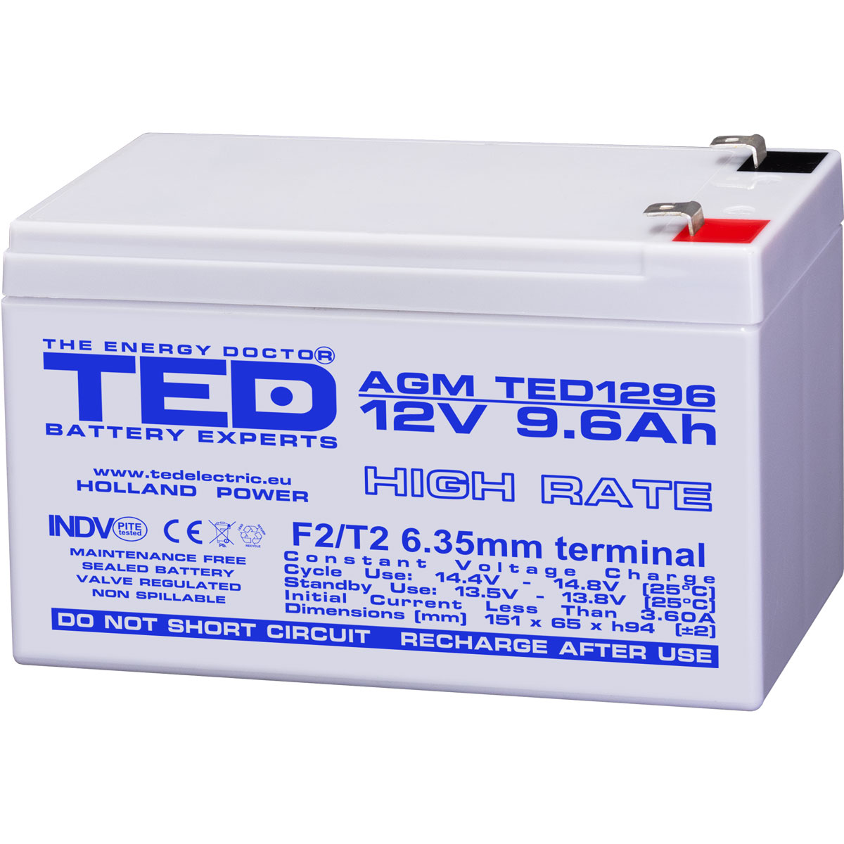 Acumulatori Stationari Etansi - Acumulator 12V High Rate, Dimensiuni 151 x 65 x 95 mm, Baterie 12V 9.6Ah F2, TED Electric TED003324, globstar.ro