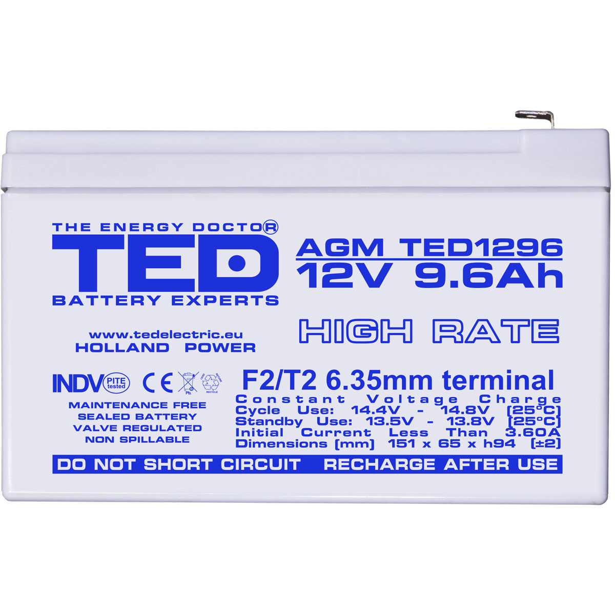 Acumulator 12V High Rate, Dimensiuni 151 x 65 x 95 mm, Baterie 12V 9.6Ah F2, TED Electric TED003324