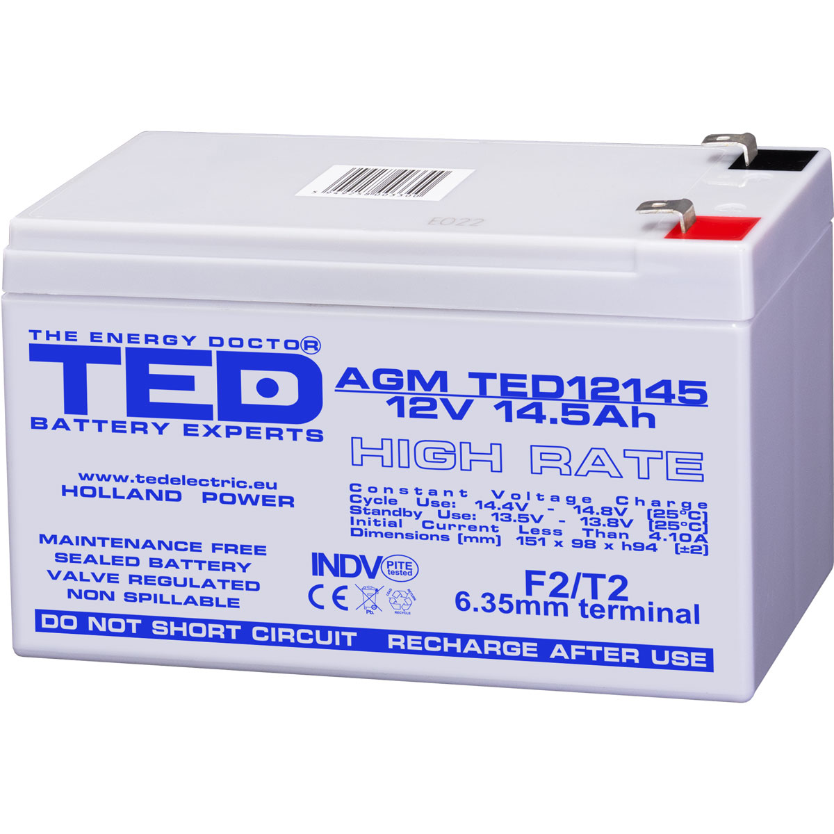 Acumulatori Stationari Etansi - Acumulator 12V High Rate, Dimensiuni 151 x 98 x 95 mm, Baterie 12V 14.5Ah F2, TED Electric TED002792, globstar.ro