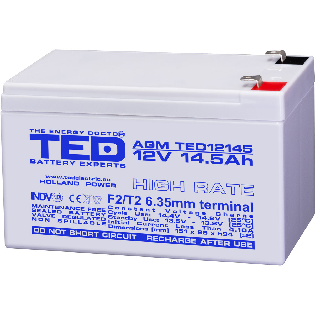Acumulatori Stationari Etansi - Acumulator 12V High Rate, Dimensiuni 151 x 98 x 95 mm, Baterie 12V 14.5Ah F2, TED Electric TED002792, globstar.ro