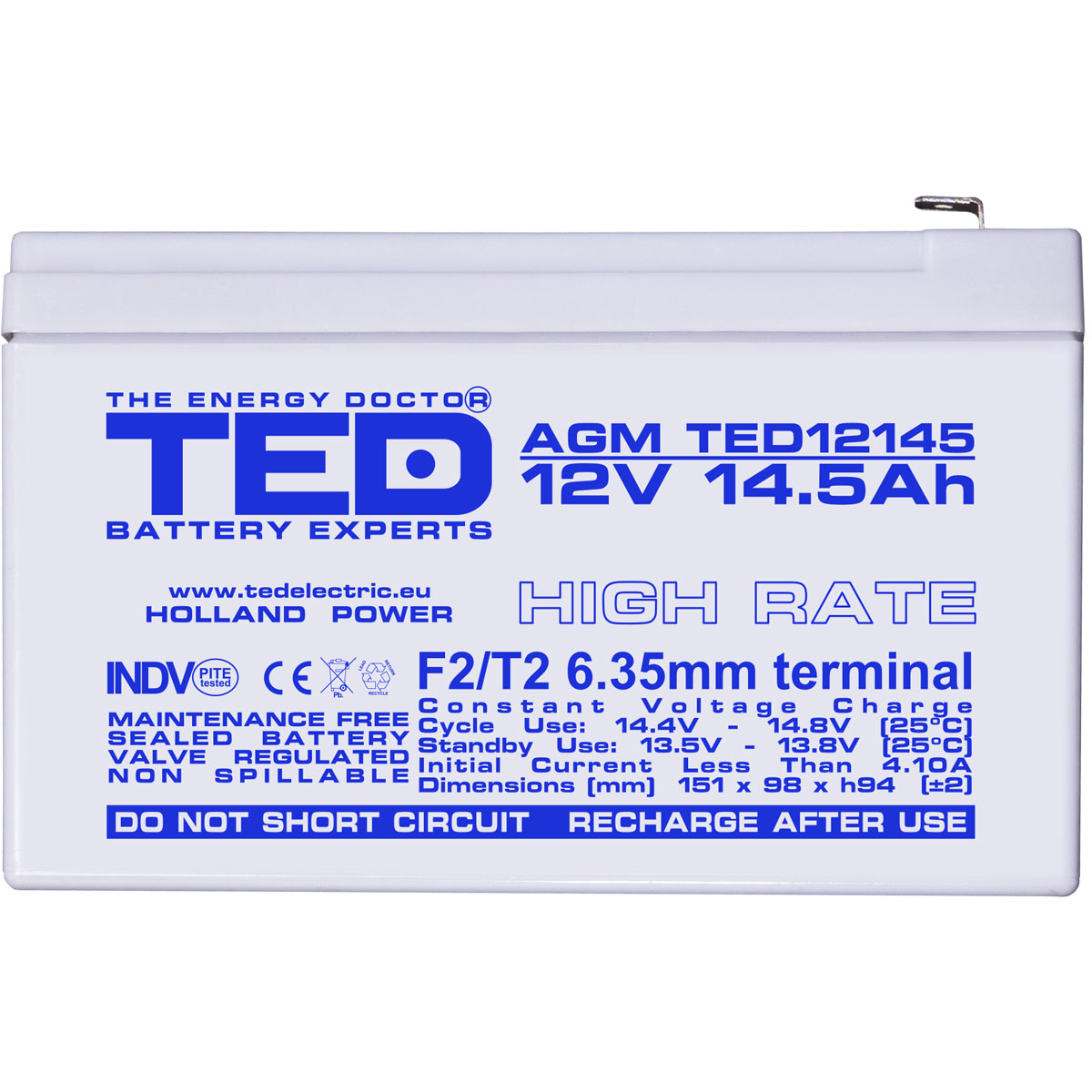Acumulator 12V High Rate, Dimensiuni 151 x 98 x 95 mm, Baterie 12V 14.5Ah F2, TED Electric TED002792