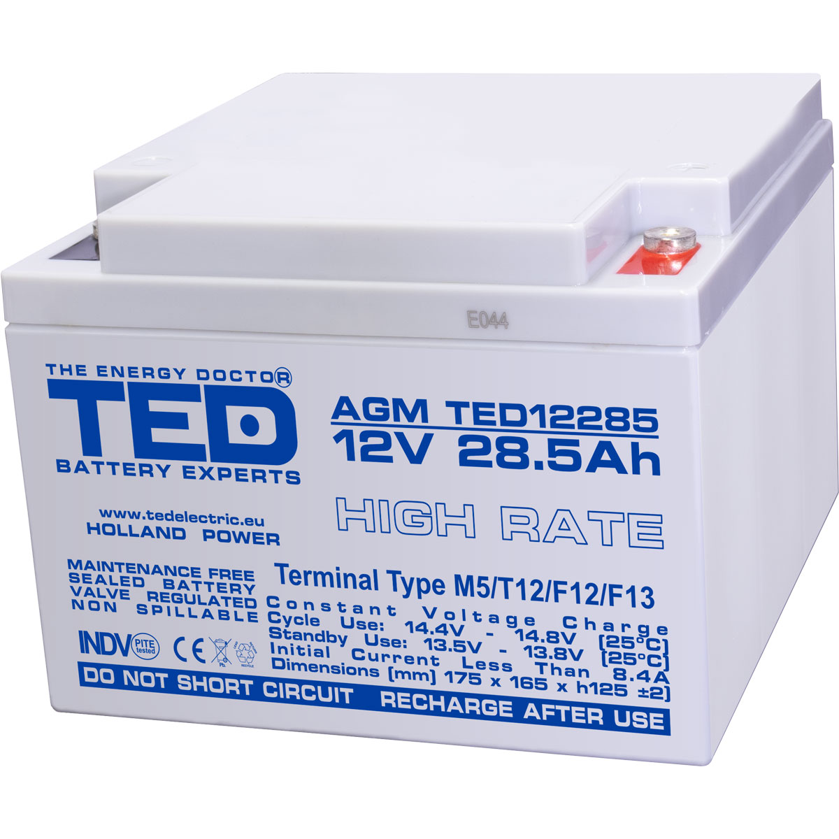 Acumulatori Stationari Etansi - Acumulator 12V High Rate, Dimensiuni 165 x 175 x 125 mm, Baterie 12V 28.5Ah M5, TED Electric TED003447, globstar.ro