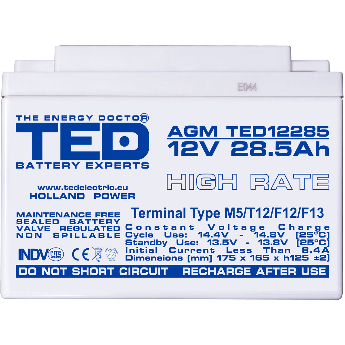 Acumulator 12V High Rate, Dimensiuni 165 x 175 x 125 mm, Baterie 12V 28.5Ah M5, TED Electric TED003447
