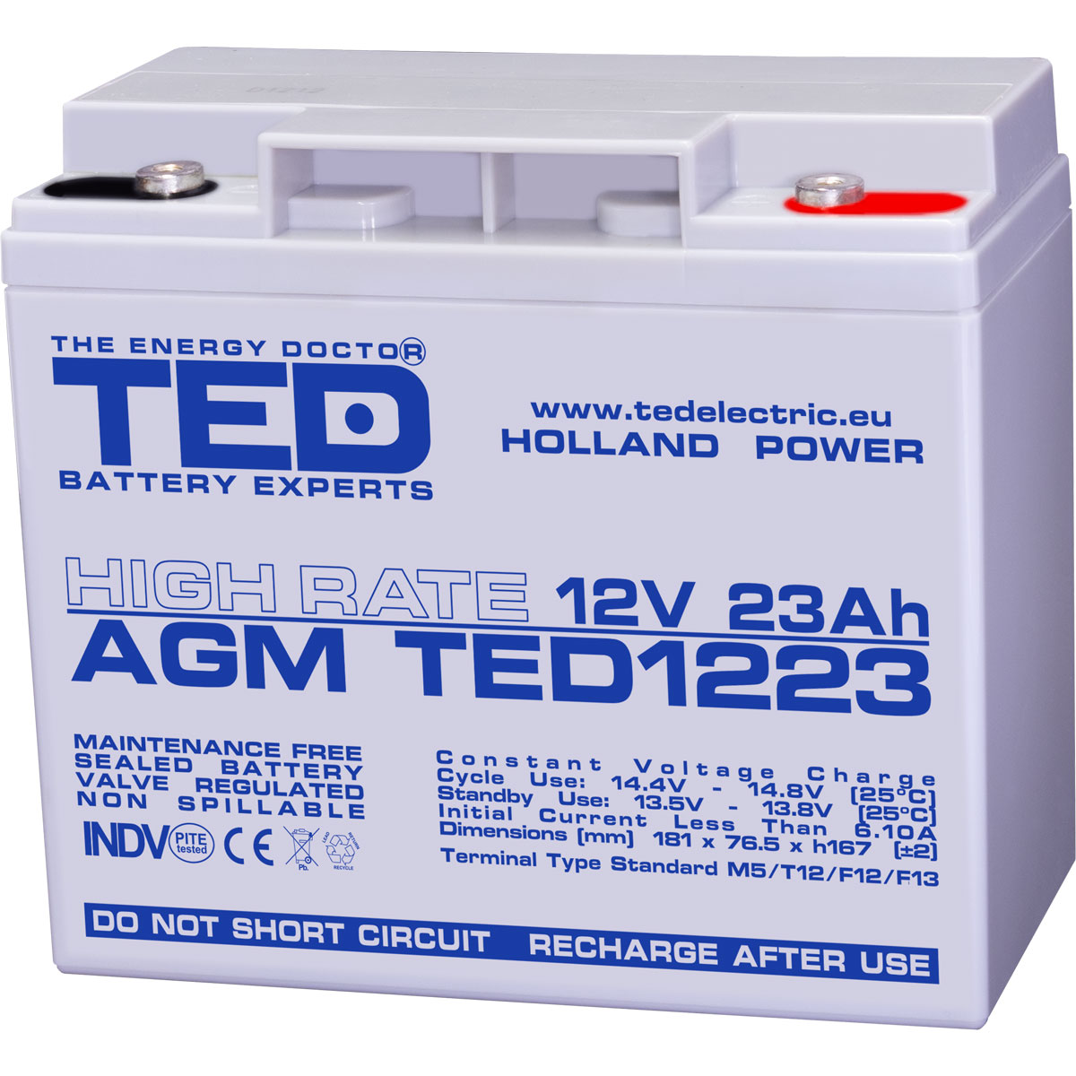 Acumulatori Stationari Etansi - Acumulator 12V High Rate, Dimensiuni 181 x 76 x 167 mm, Baterie 12V 23Ah M5, TED Electric TED003362, globstar.ro