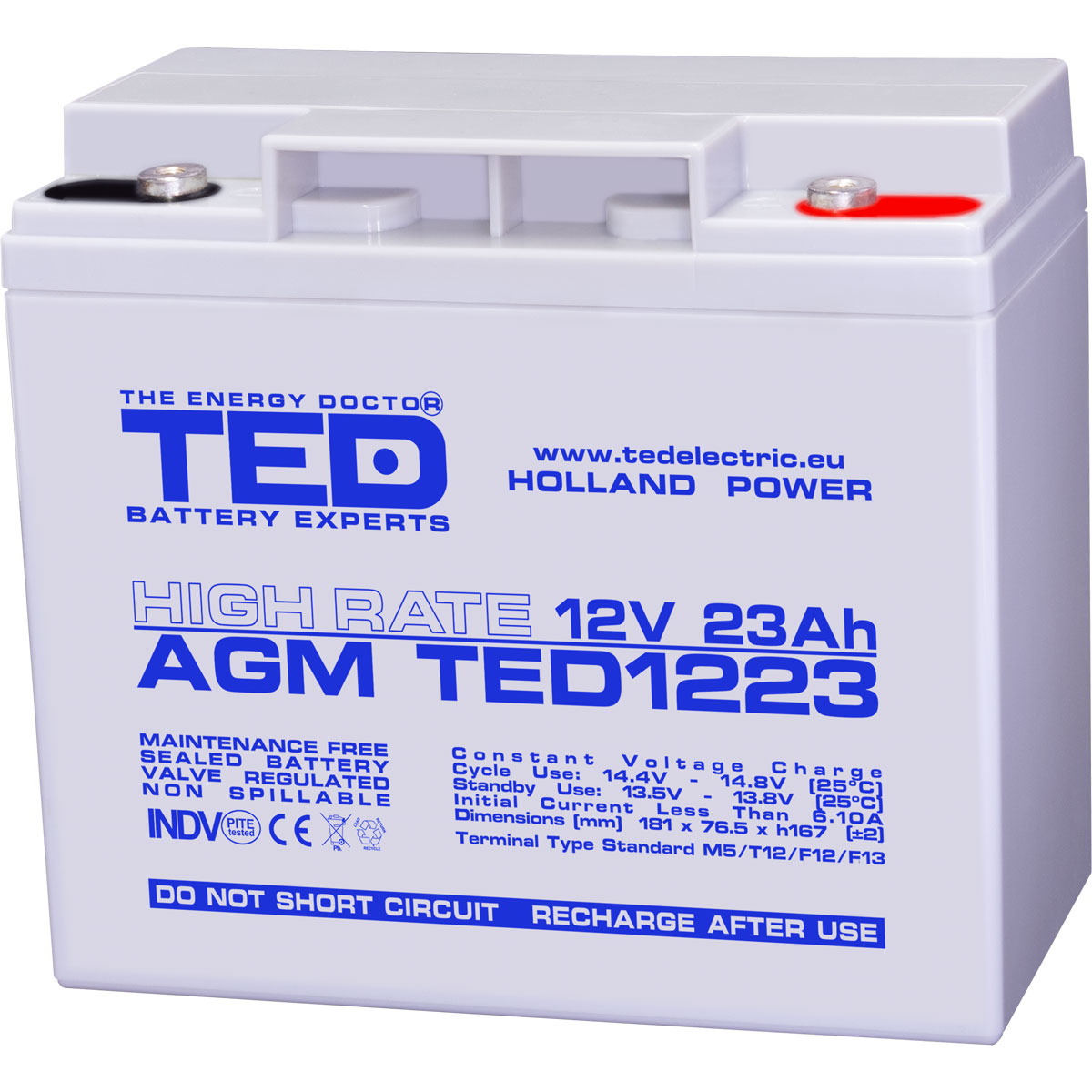 Acumulatori Stationari Etansi - Acumulator 12V High Rate, Dimensiuni 181 x 76 x 167 mm, Baterie 12V 23Ah M5, TED Electric TED003362, globstar.ro