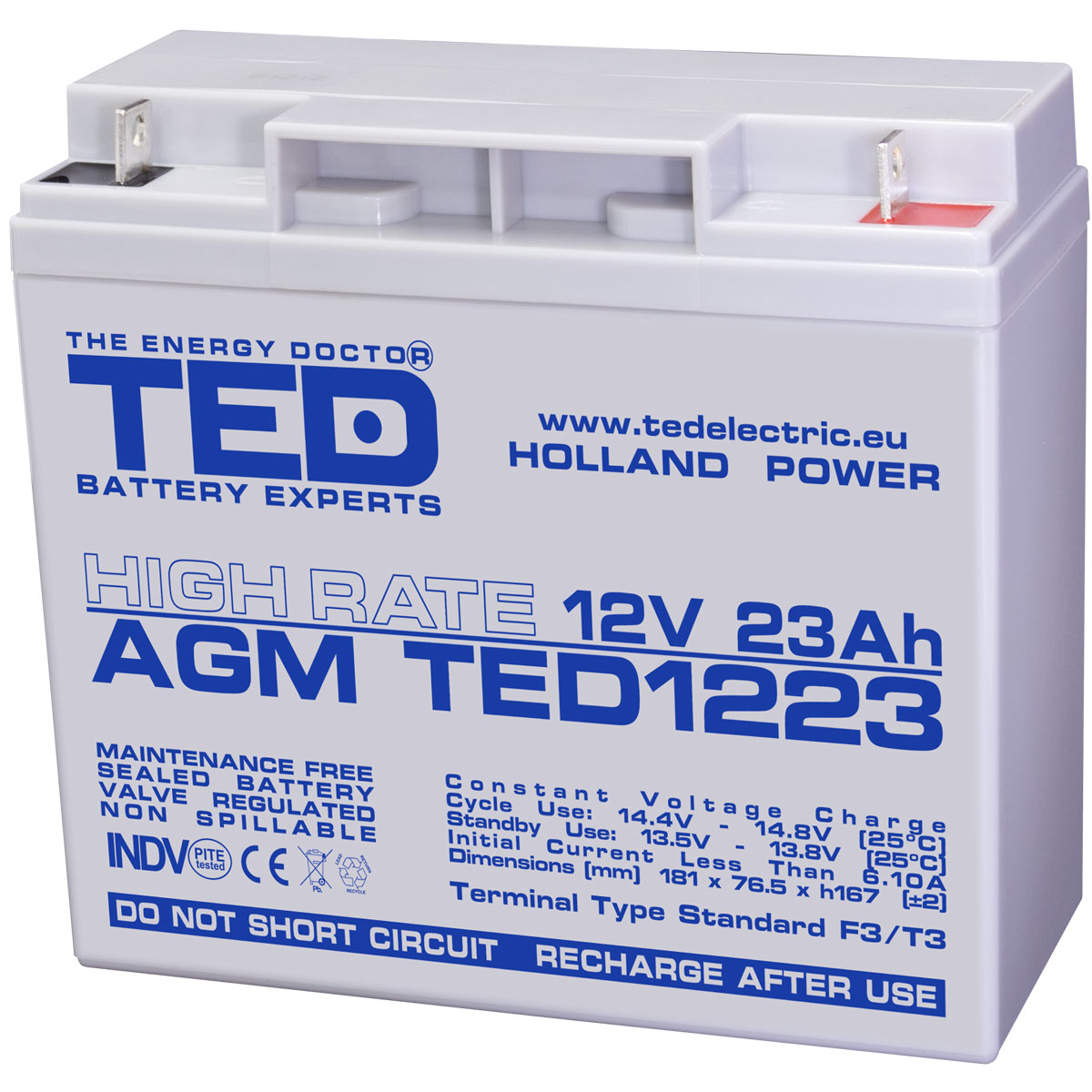 Acumulatori Stationari Etansi - Acumulator 12V High Rate, Dimensiuni 181 x 76 x 167 mm, Baterie 12V 23Ah F3, TED Electric TED003348, globstar.ro