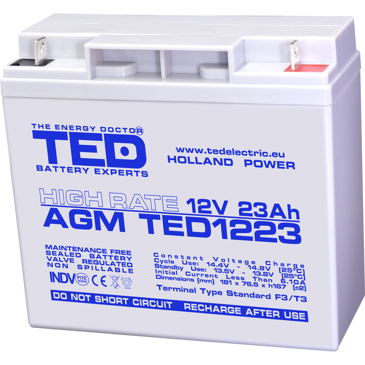 Acumulatori Stationari Etansi - Acumulator 12V High Rate, Dimensiuni 181 x 76 x 167 mm, Baterie 12V 23Ah F3, TED Electric TED003348, globstar.ro