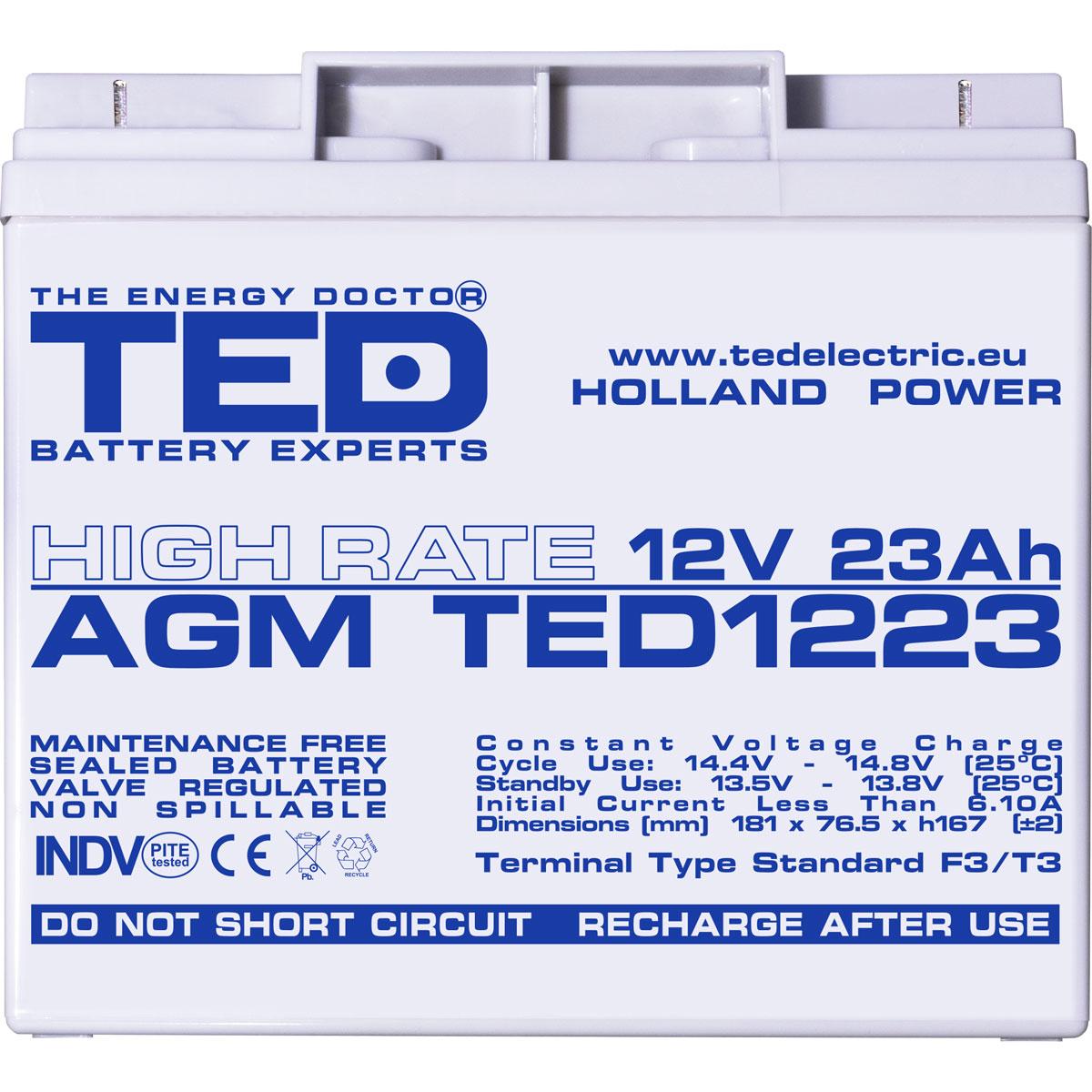 Acumulator 12V High Rate, Dimensiuni 181 x 76 x 167 mm, Baterie 12V 23Ah F3, TED Electric TED003348