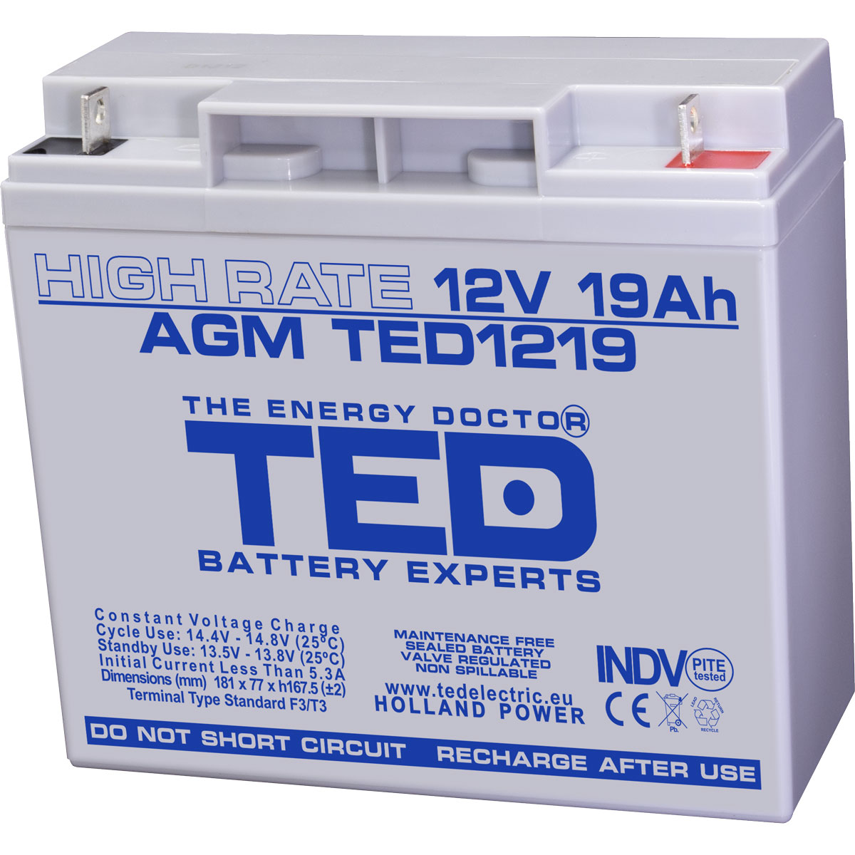 Acumulatori Stationari Etansi - Acumulator 12V High Rate, Dimensiuni 181 x 76 x 167 mm, Baterie 12V 19Ah F3, TED Electric TED002815, globstar.ro