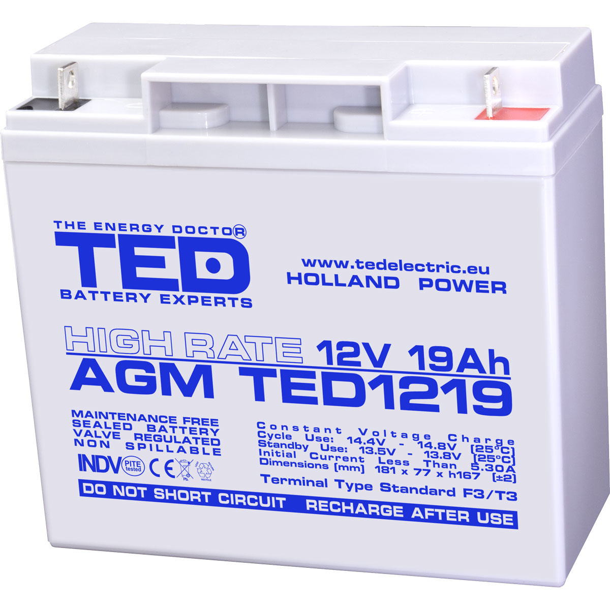 Acumulatori Stationari Etansi - Acumulator 12V High Rate, Dimensiuni 181 x 76 x 167 mm, Baterie 12V 19Ah F3, TED Electric TED002815, globstar.ro