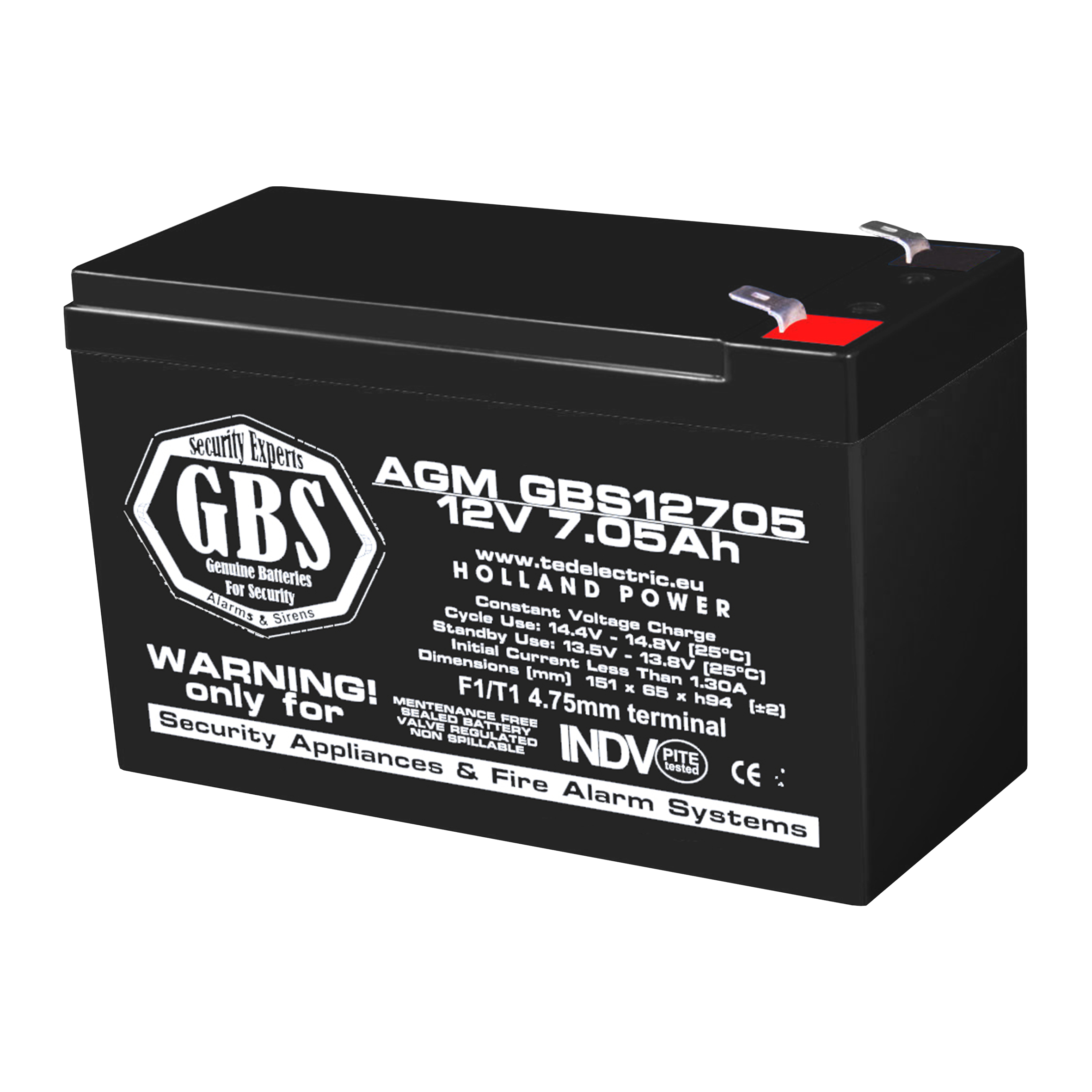 Acumulatori Stationari Etansi - Acumulator 12V Sisteme Alarma, Dimensiuni 151 x 65 x 95 mm, Baterie 12V 7.05Ah F1, TED Electric GBS, globstar.ro