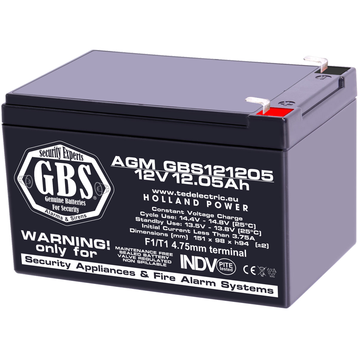 Acumulatori Stationari Etansi - Acumulator 12V Sisteme Alarma, Dimensiuni 151 x 98 x 95 mm, Baterie 12V 12.05Ah F1, TED Electric GBS, globstar.ro