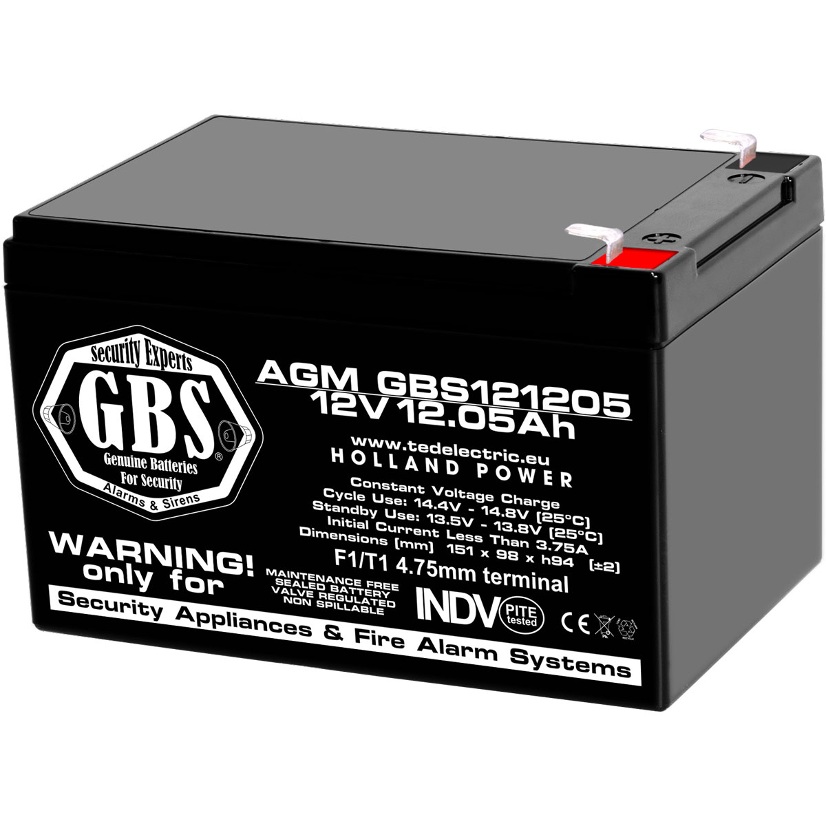 Acumulatori Stationari Etansi - Acumulator 12V Sisteme Alarma, Dimensiuni 151 x 98 x 95 mm, Baterie 12V 12.05Ah F1, TED Electric GBS, globstar.ro