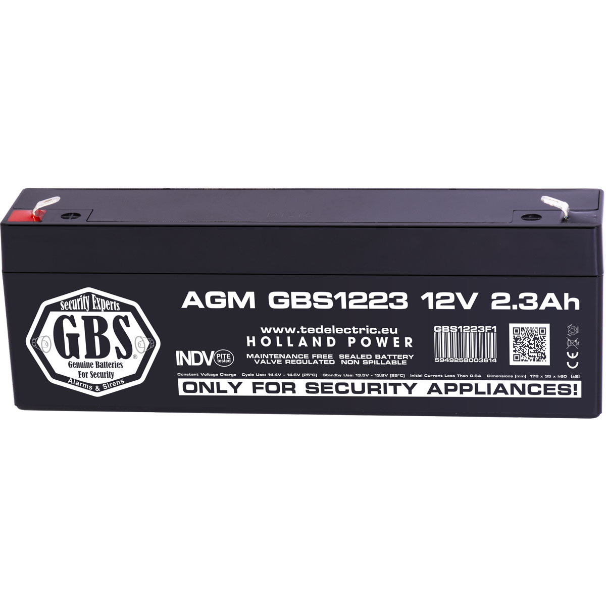 Acumulatori Stationari Etansi - Acumulator 12V Sisteme Alarma, Dimensiuni 178 x 34 x 60 mm, Baterie 12V 2.3Ah F1, TED Electric GBS, globstar.ro