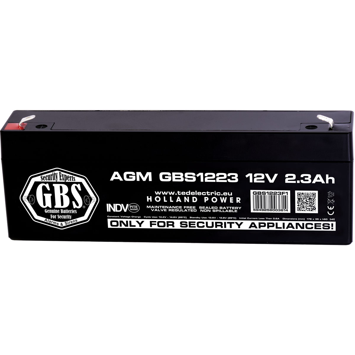 Acumulatori Stationari Etansi - Acumulator 12V Sisteme Alarma, Dimensiuni 178 x 34 x 60 mm, Baterie 12V 2.3Ah F1, TED Electric GBS, globstar.ro