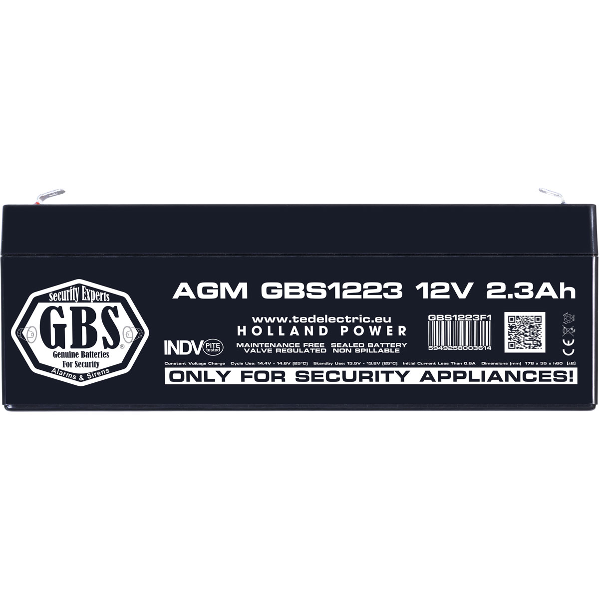 Acumulator 12V Sisteme Alarma, Dimensiuni 178 x 34 x 60 mm, Baterie 12V 2.3Ah F1, TED Electric GBS