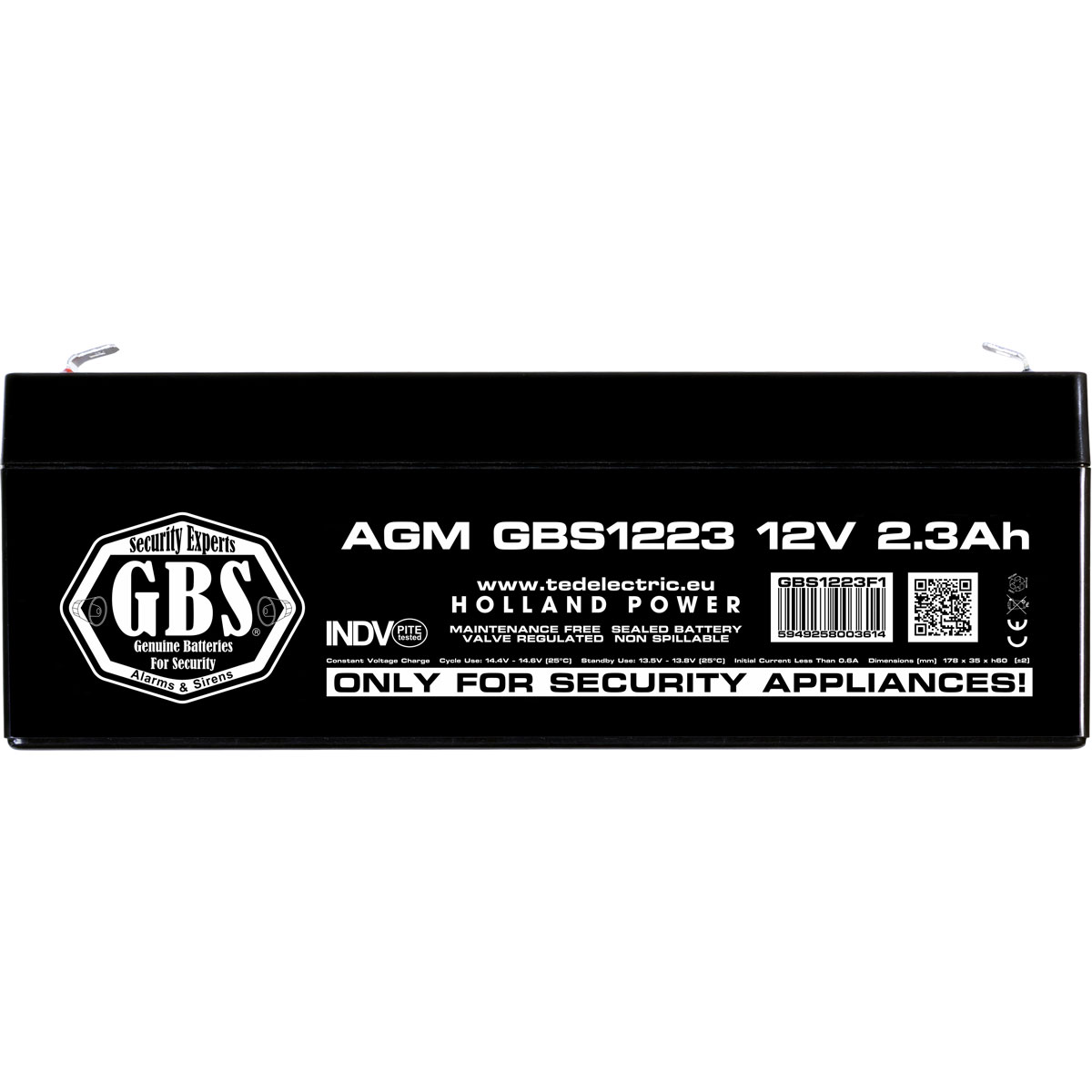 Acumulator 12V Sisteme Alarma, Dimensiuni 178 x 34 x 60 mm, Baterie 12V 2.3Ah F1, TED Electric GBS
