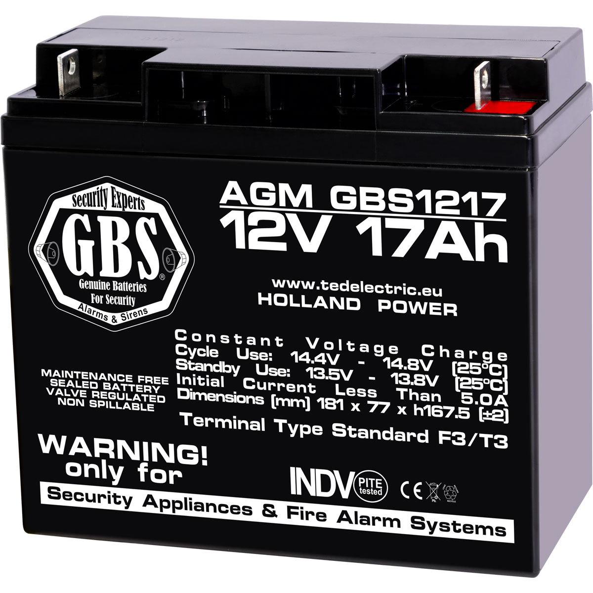 Acumulatori Stationari Etansi - Acumulator 12V Sisteme Alarma, Dimensiuni 181 x 76 x 167 mm, Baterie 12V 17Ah F3, TED Electric GBS, globstar.ro