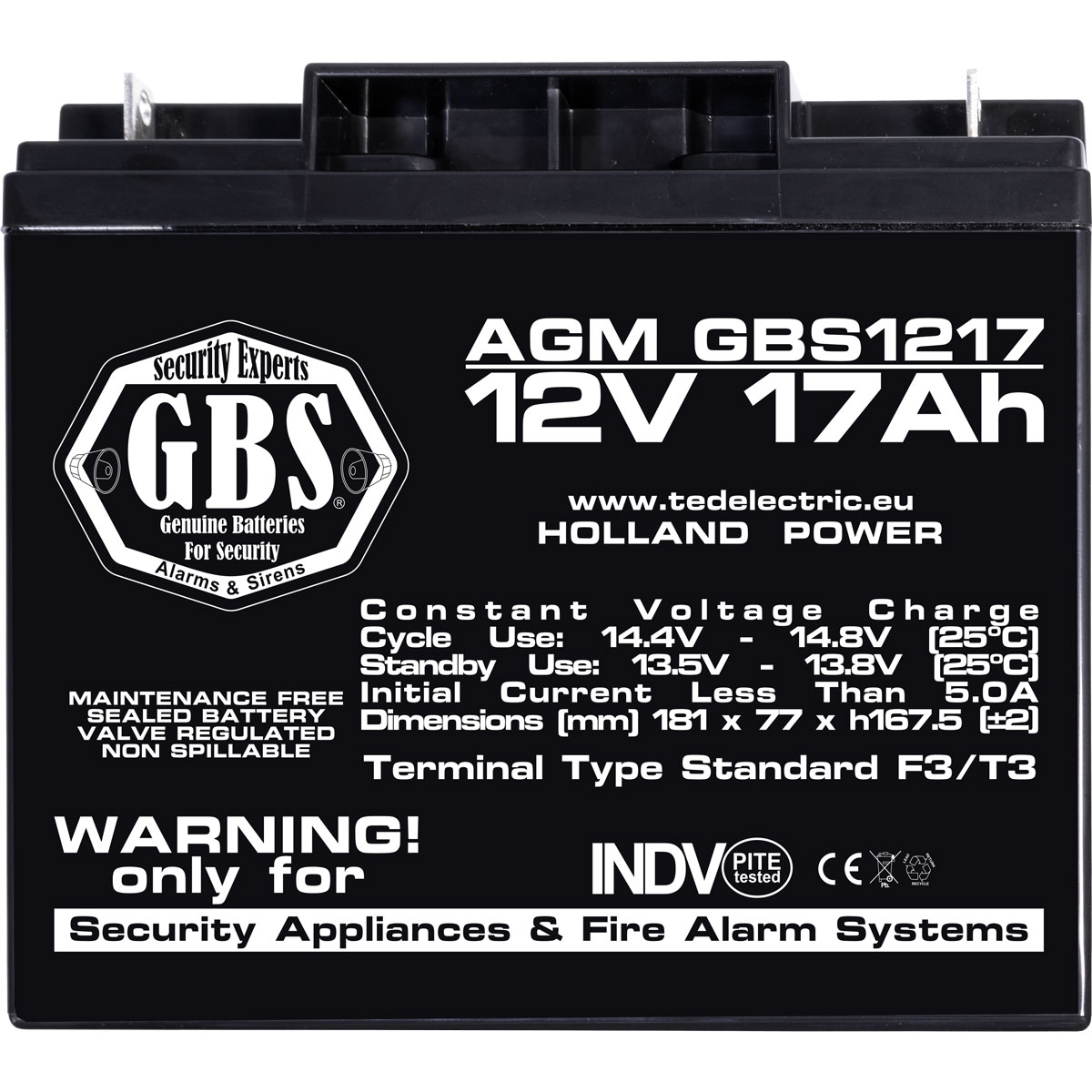 Acumulator 12V Sisteme Alarma, Dimensiuni 181 x 76 x 167 mm, Baterie 12V 17Ah F3, TED Electric GBS