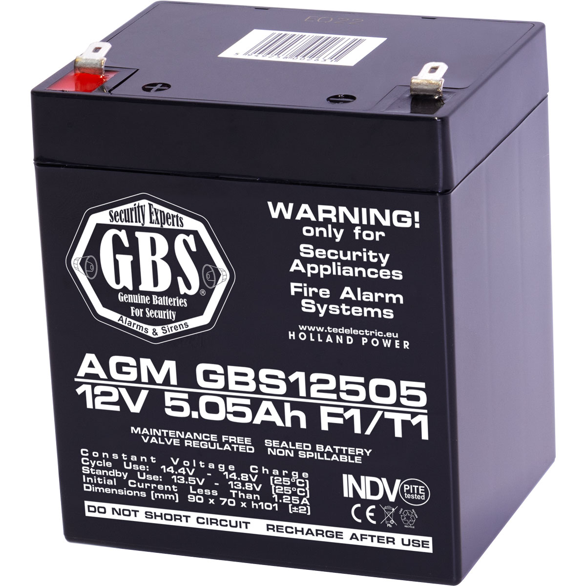Acumulatori Stationari Etansi - Acumulator 12V Sisteme Alarma, Dimensiuni 90 x 70 x 107 mm, Baterie 12V 5.05Ah F1, TED Electric GBS, globstar.ro