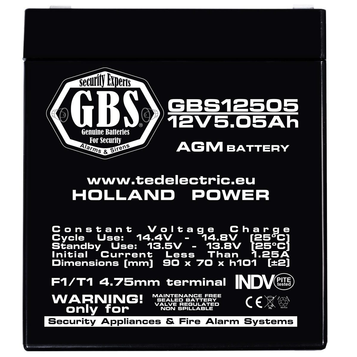 Acumulator 12V Sisteme Alarma, Dimensiuni 90 x 70 x 107 mm, Baterie 12V 5.05Ah F1, TED Electric GBS