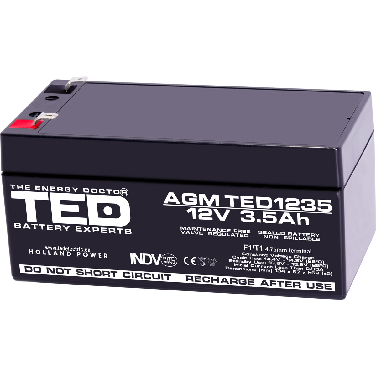 Acumulatori Stationari Etansi - Acumulator 12V Stationar VRLA, Dimensiuni 134 x 67 x 60 mm, Baterie 12V 3.5Ah F1, TED Electric TED003133, globstar.ro