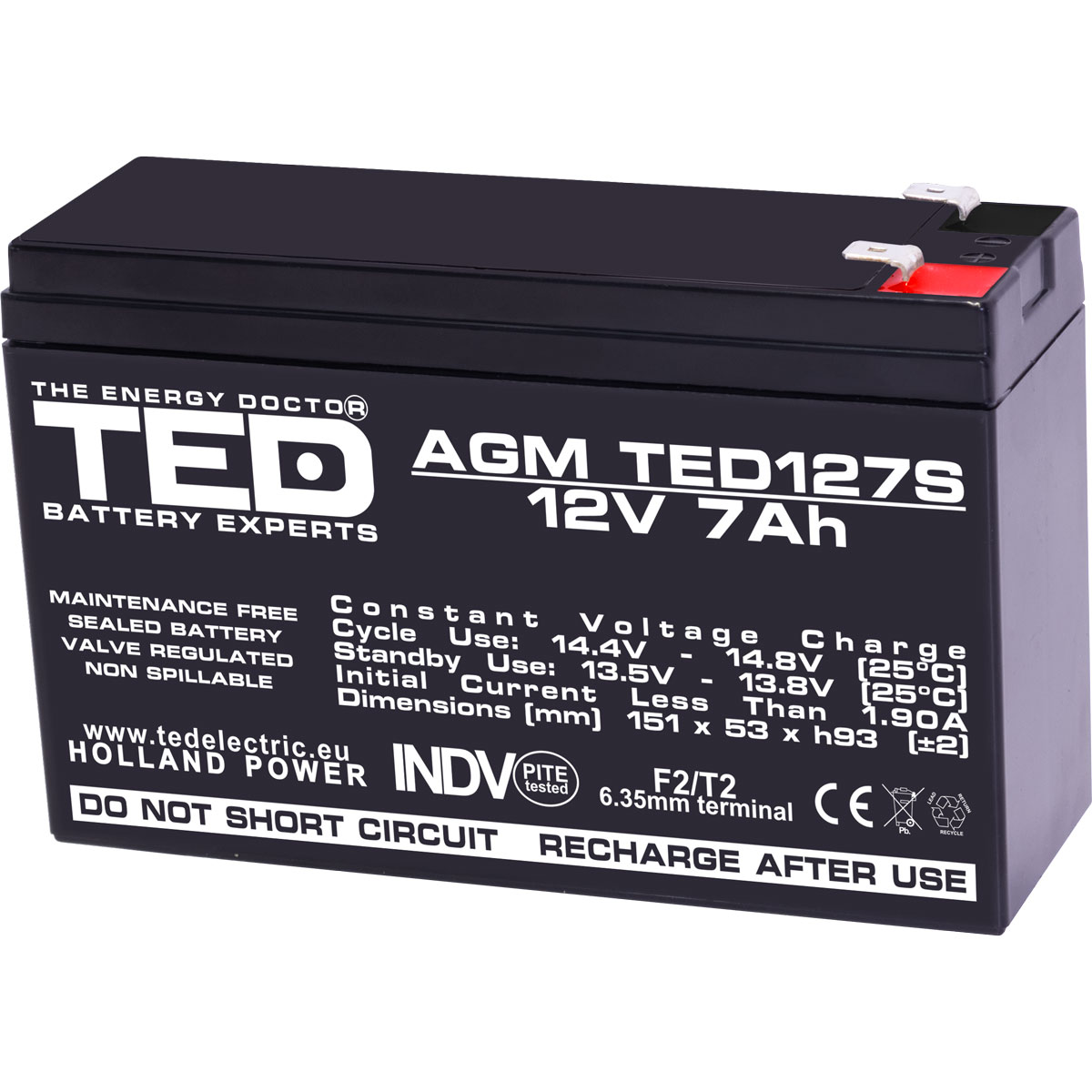 Acumulatori Stationari Etansi - Acumulator 12V Stationar VRLA, Dimensiuni 149 x 49 x 95 mm, Baterie 12V 7Ah F2, TED Electric TED003195, globstar.ro