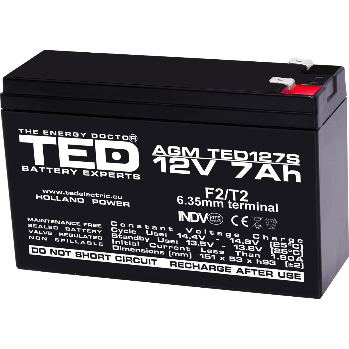 Acumulatori Stationari Etansi - Acumulator 12V Stationar VRLA, Dimensiuni 149 x 49 x 95 mm, Baterie 12V 7Ah F2, TED Electric TED003195, globstar.ro