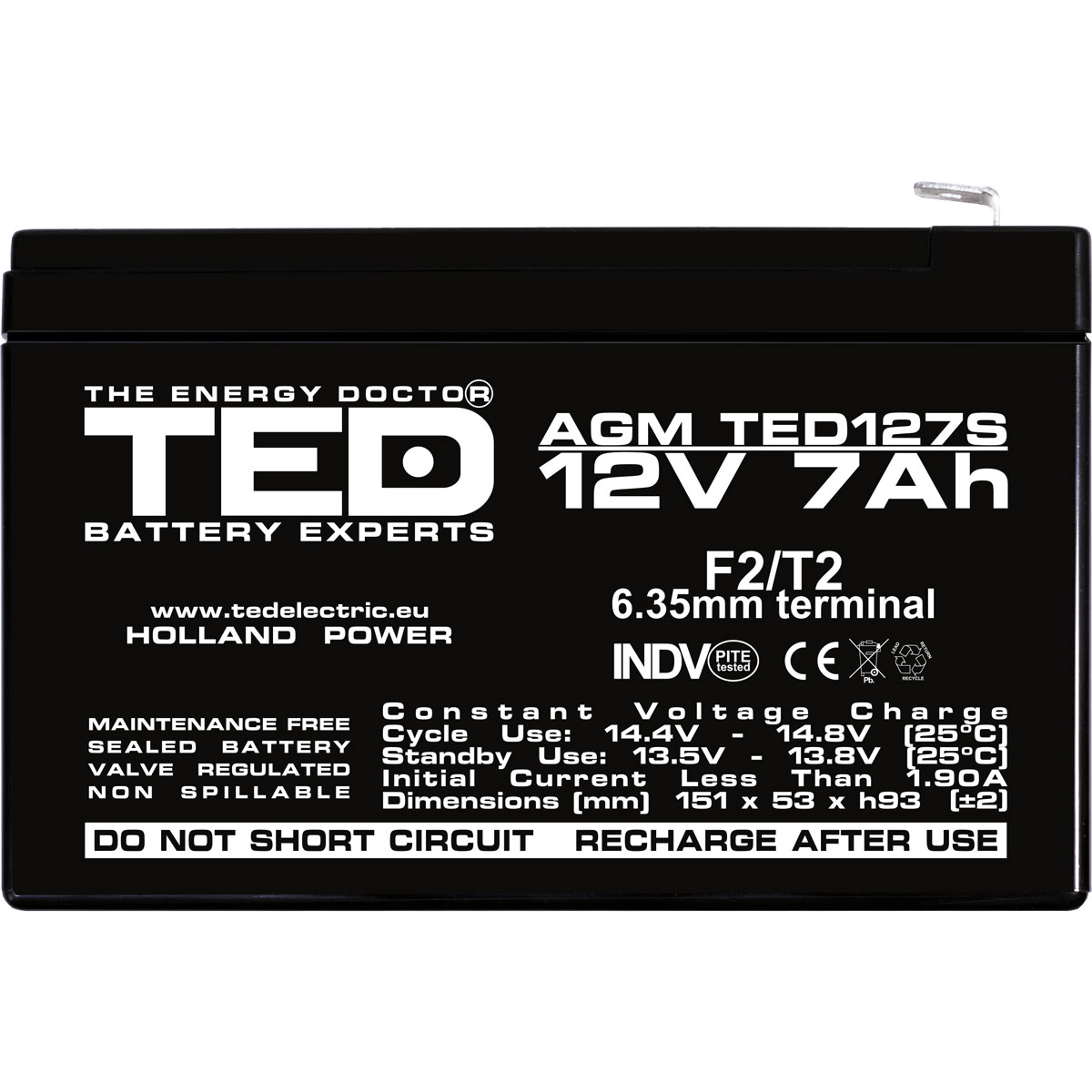 Acumulator 12V Stationar VRLA, Dimensiuni 149 x 49 x 95 mm, Baterie 12V 7Ah F2, TED Electric TED003195