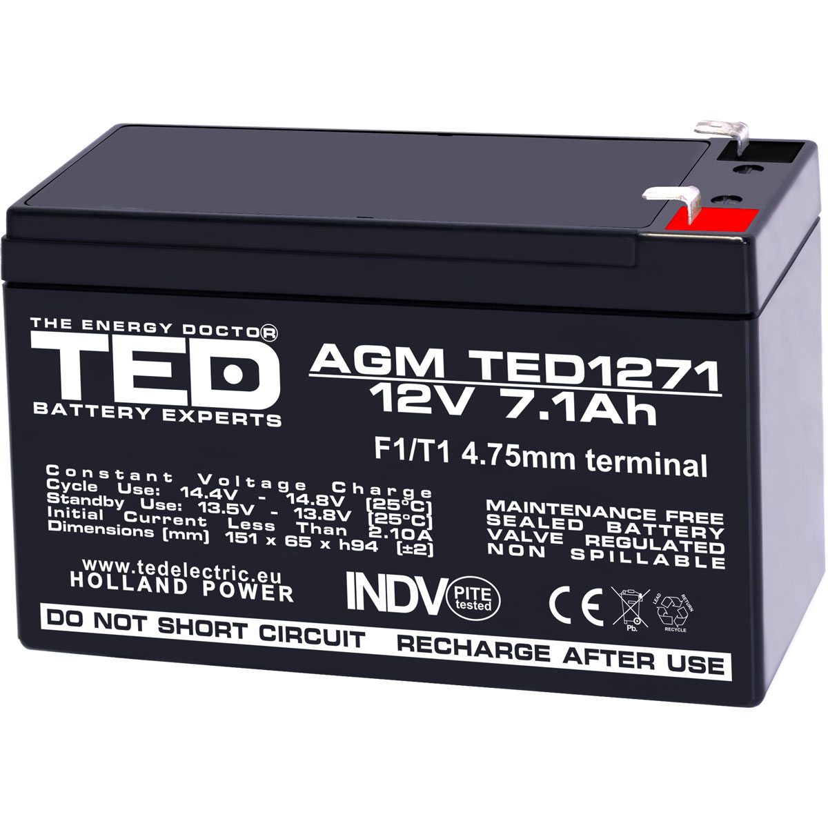Acumulatori Stationari Etansi - Acumulator 12V Stationar VRLA, Dimensiuni 151 x 65 x 95 mm, Baterie 12V 7.1Ah F1, TED Electric TED003416, globstar.ro