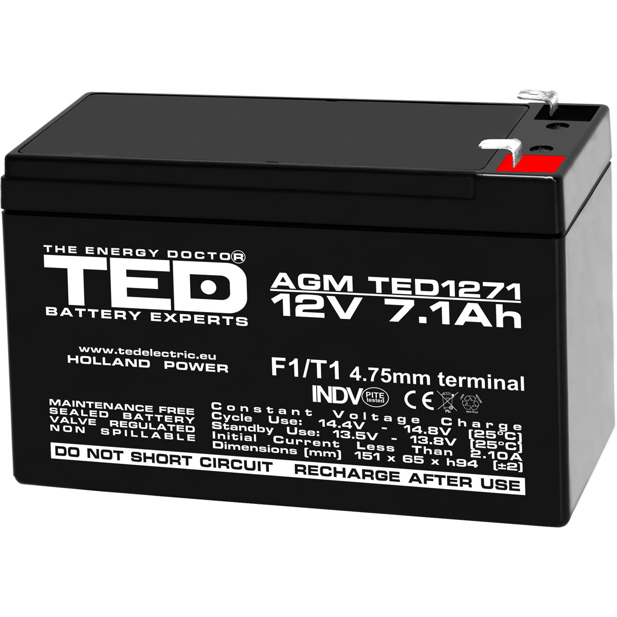Acumulatori Stationari Etansi - Acumulator 12V Stationar VRLA, Dimensiuni 151 x 65 x 95 mm, Baterie 12V 7.1Ah F1, TED Electric TED003416, globstar.ro