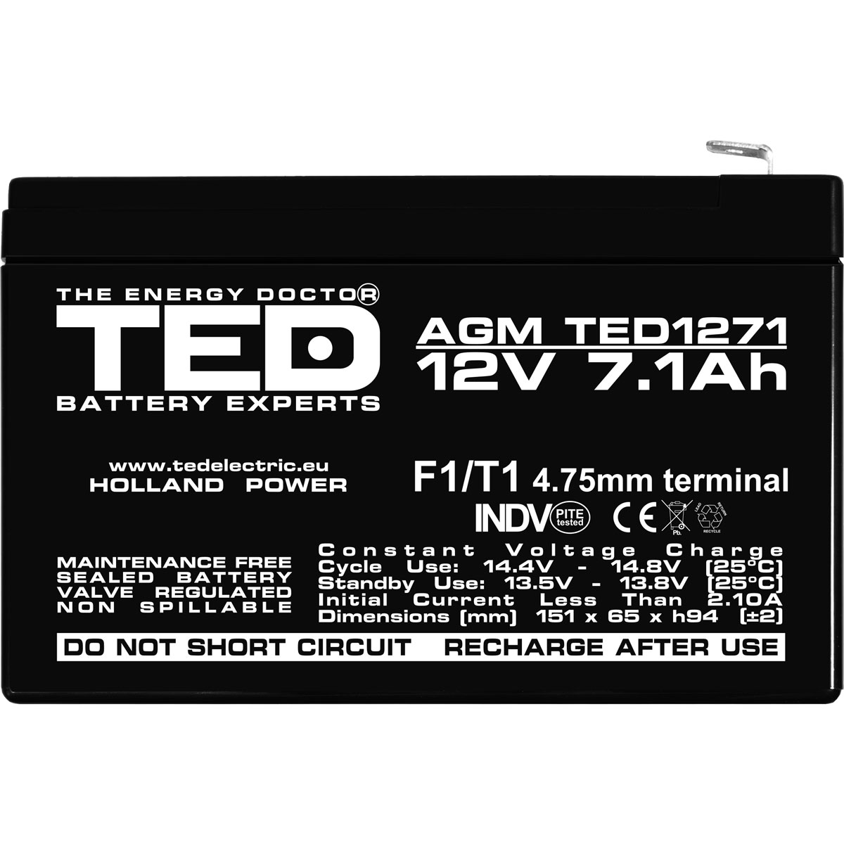 Acumulator 12V Stationar VRLA, Dimensiuni 151 x 65 x 95 mm, Baterie 12V 7.1Ah F1, TED Electric TED003416
