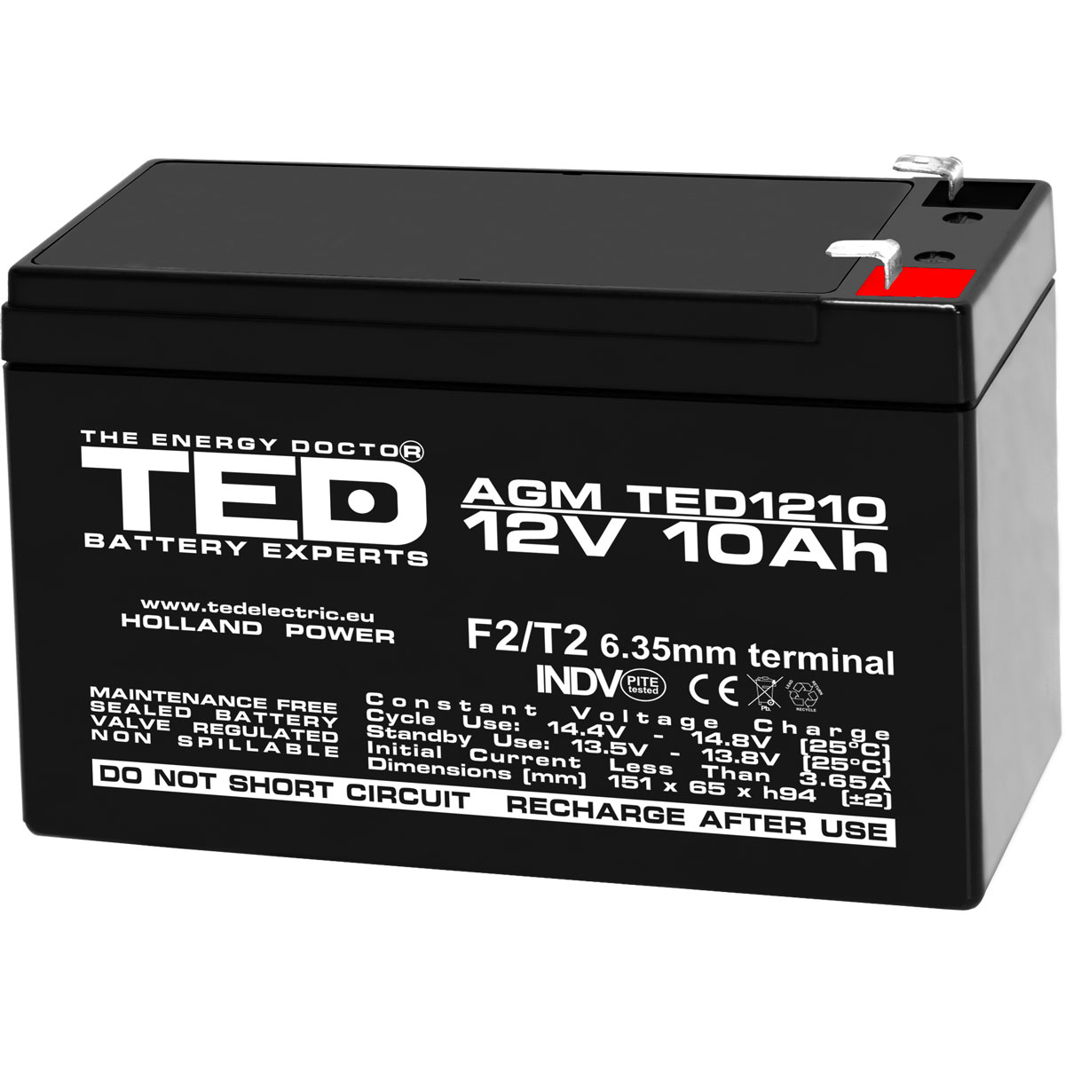 Acumulatori Stationari Etansi - Acumulator 12V Stationar VRLA, Dimensiuni 151 x 65 x 95 mm, Baterie 12V 10Ah F2, TED Electric TED002730, globstar.ro