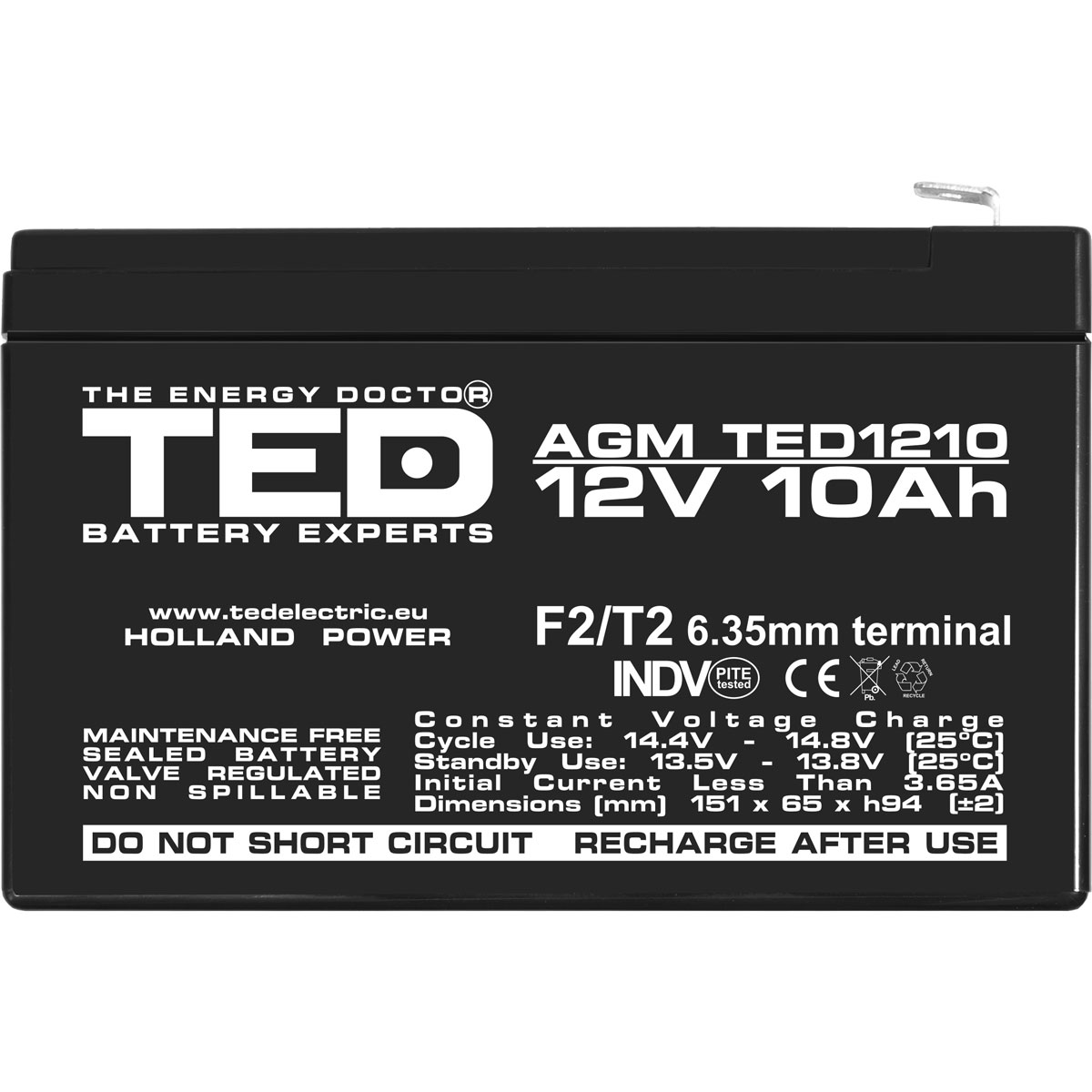 Acumulator 12V Stationar VRLA, Dimensiuni 151 x 65 x 95 mm, Baterie 12V 10Ah F2, TED Electric TED002730