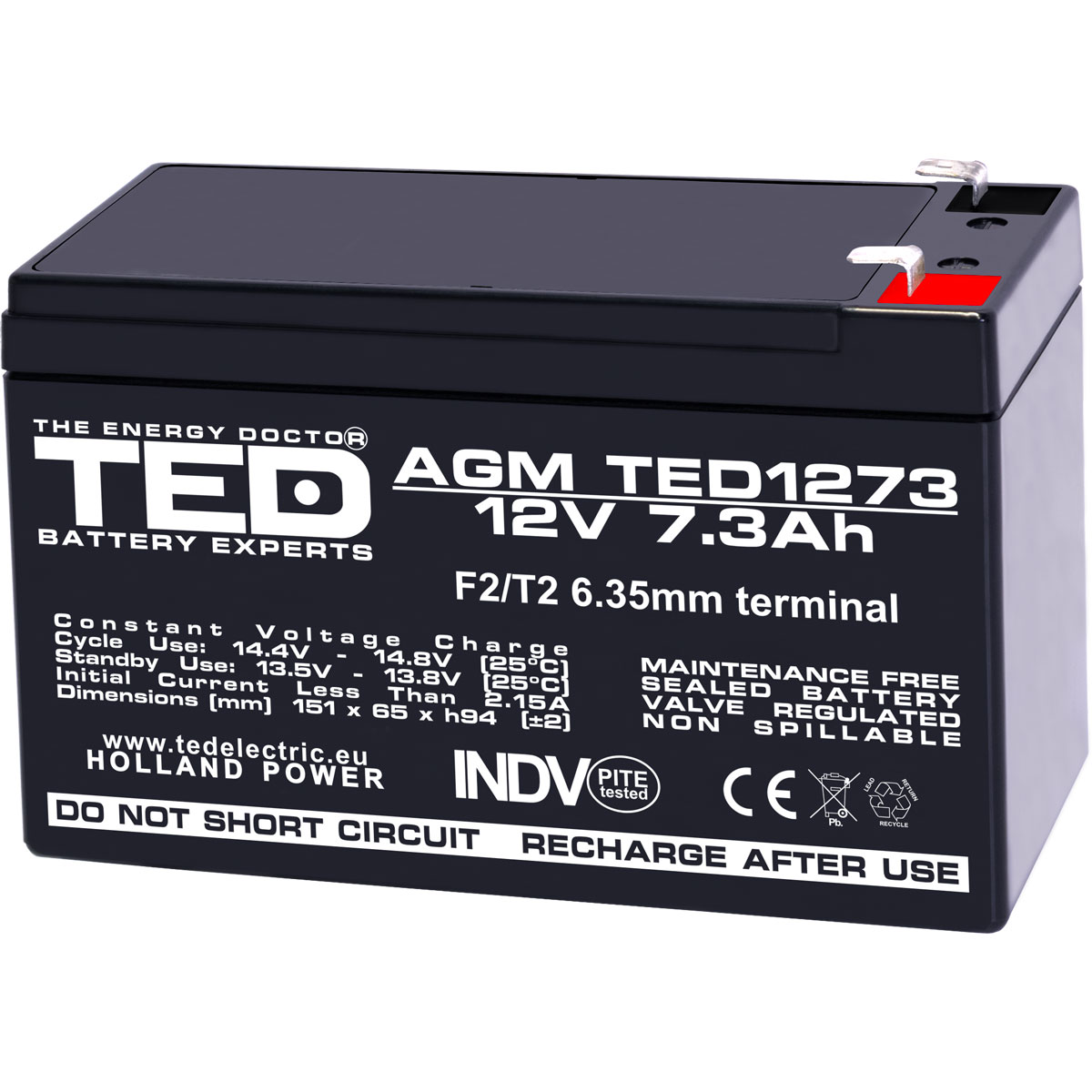 Acumulatori Stationari Etansi - Acumulator 12V Stationar VRLA, Dimensiuni 151 x 65 x 95 mm, Baterie 12V 7.3Ah F2, TED Electric TED003249, globstar.ro
