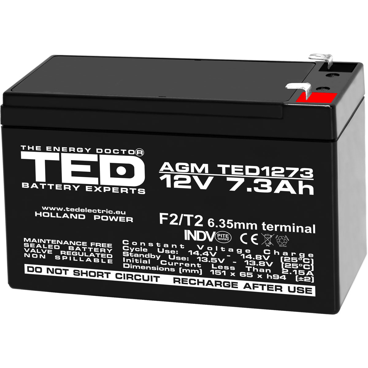 Acumulatori Stationari Etansi - Acumulator 12V Stationar VRLA, Dimensiuni 151 x 65 x 95 mm, Baterie 12V 7.3Ah F2, TED Electric TED003249, globstar.ro
