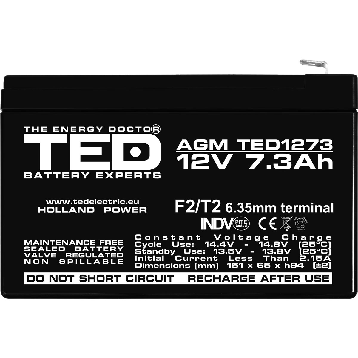 Acumulator 12V Stationar VRLA, Dimensiuni 151 x 65 x 95 mm, Baterie 12V 7.3Ah F2, TED Electric TED003249