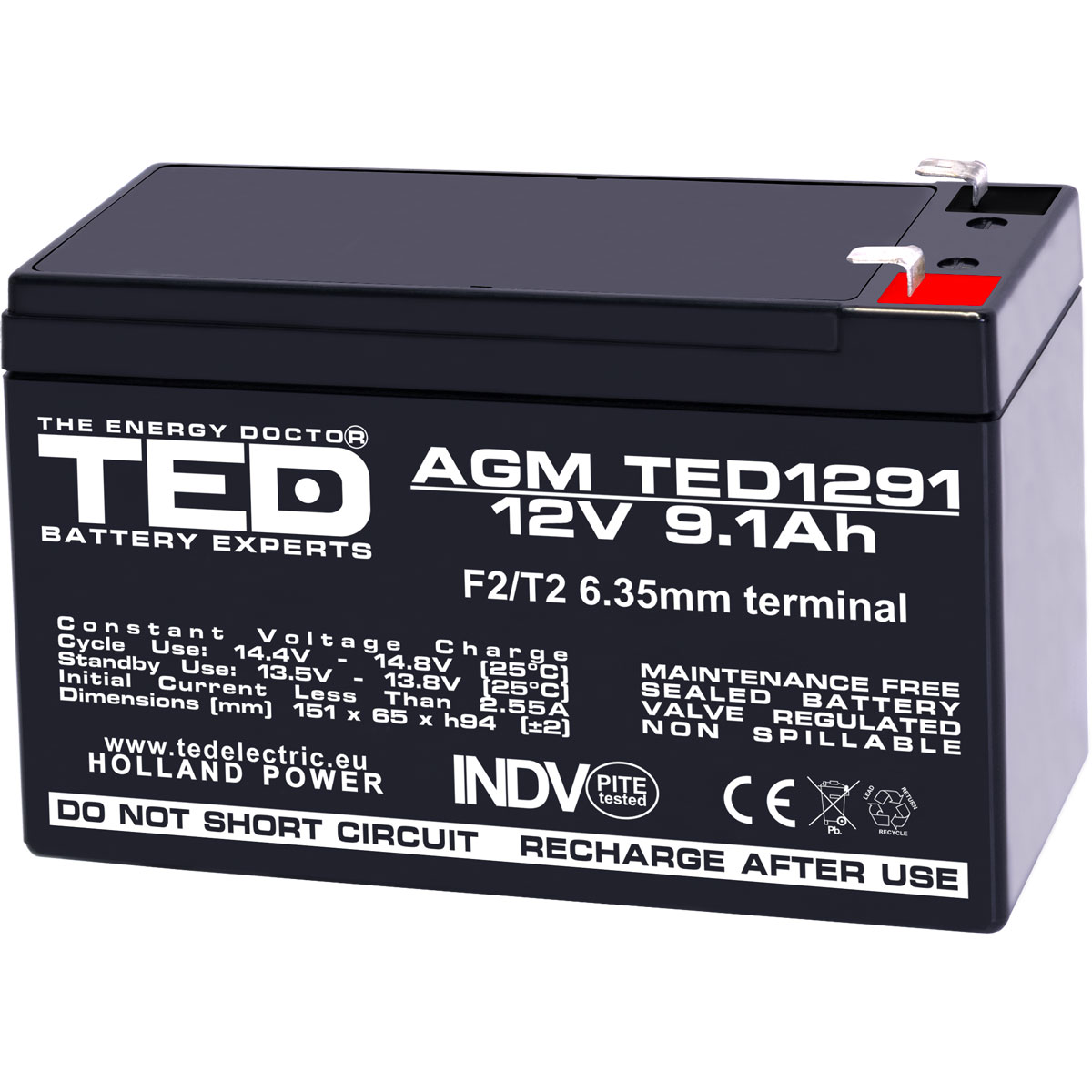 Acumulatori Stationari Etansi - Acumulator 12V Stationar VRLA, Dimensiuni 151 x 65 x 95 mm, Baterie 12V 9.1Ah F2, TED Electric TED003263, globstar.ro
