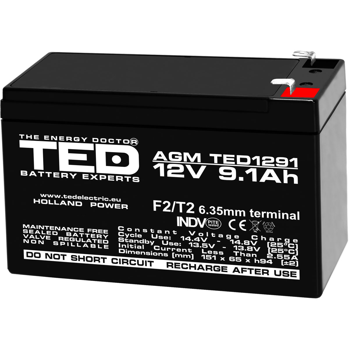 Acumulatori Stationari Etansi - Acumulator 12V Stationar VRLA, Dimensiuni 151 x 65 x 95 mm, Baterie 12V 9.1Ah F2, TED Electric TED003263, globstar.ro