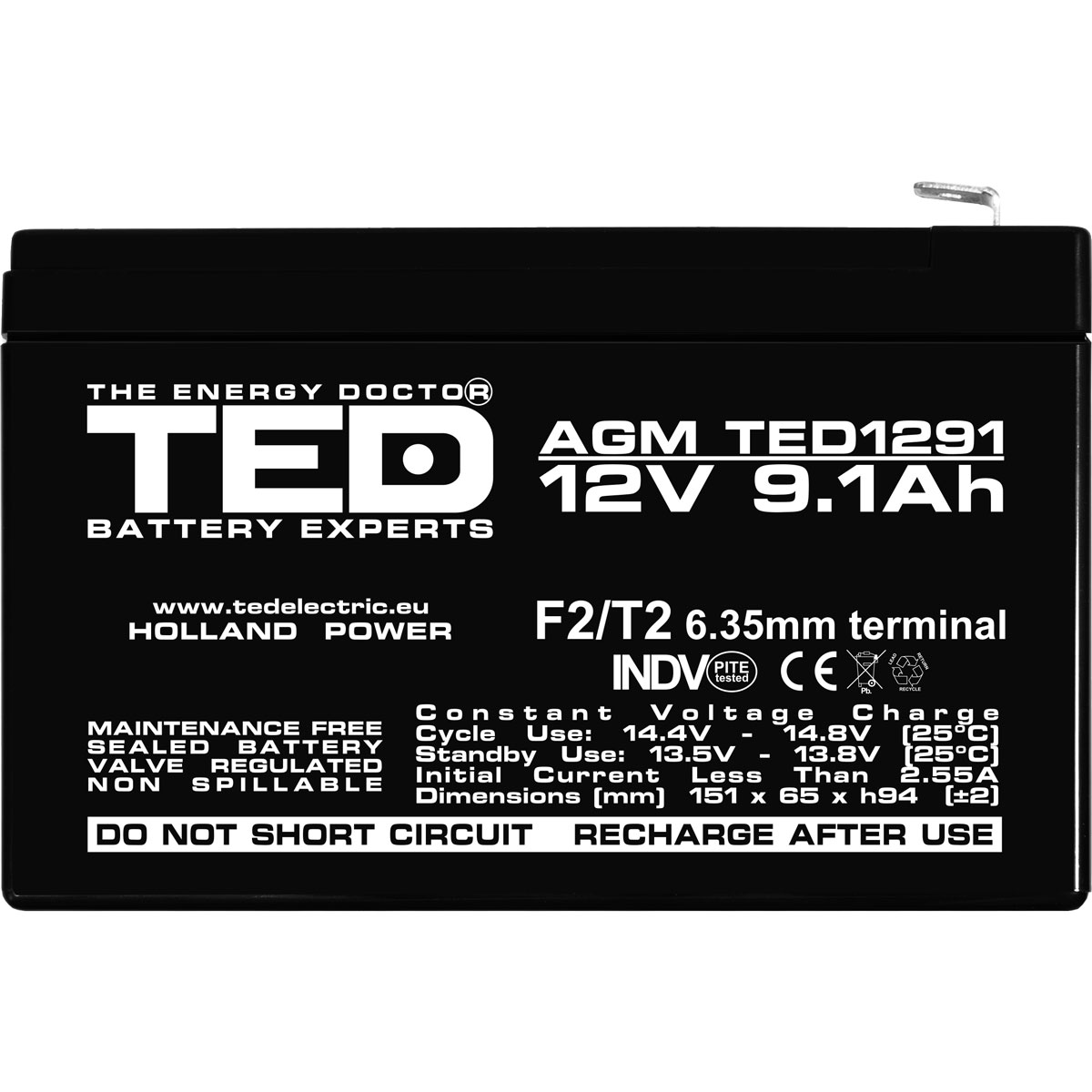 Acumulator 12V Stationar VRLA, Dimensiuni 151 x 65 x 95 mm, Baterie 12V 9.1Ah F2, TED Electric TED003263