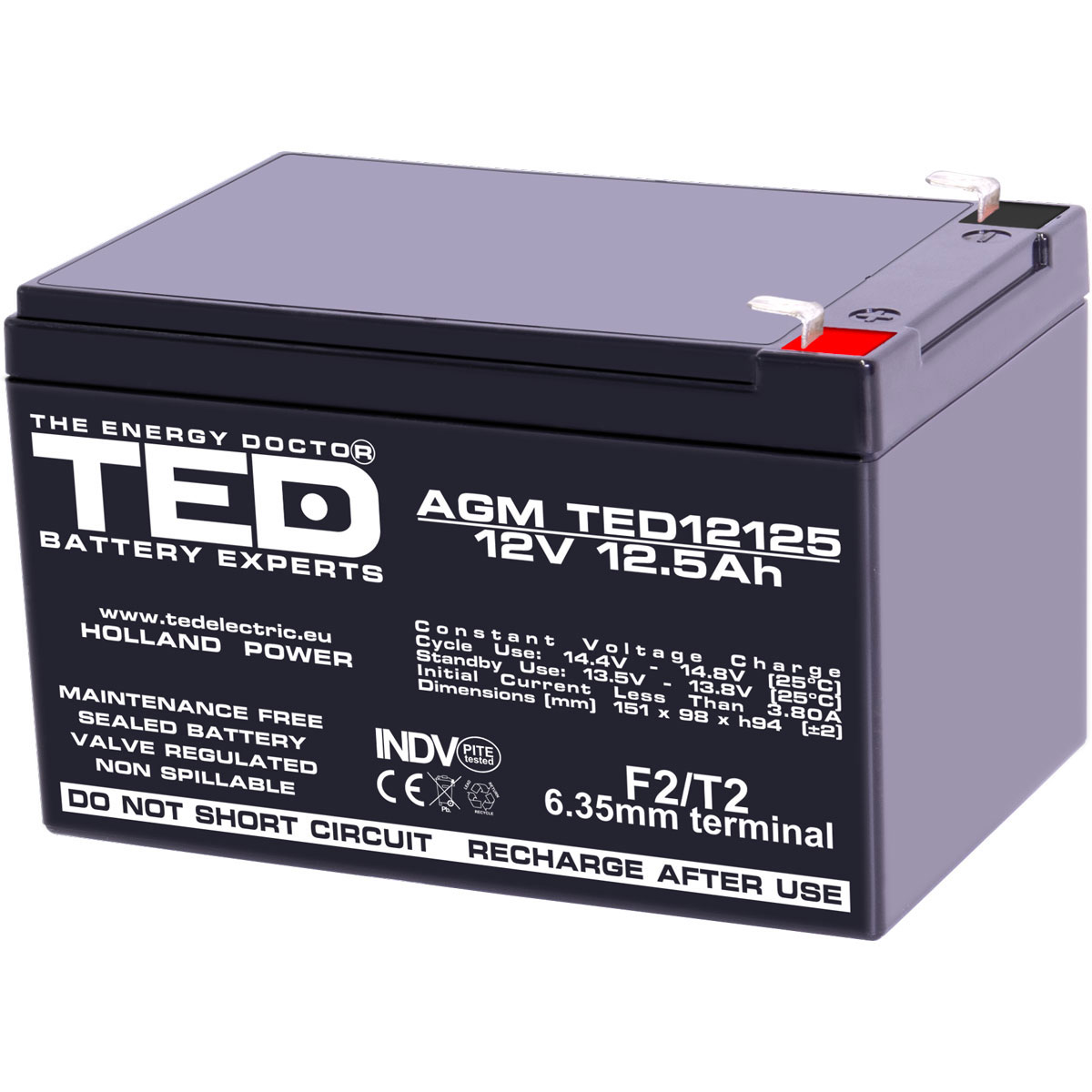 Acumulatori Stationari Etansi - Acumulator 12V Stationar VRLA, Dimensiuni 151 x 98 x 95 mm, Baterie 12V 12.5Ah F2, TED Electric TED002754, globstar.ro