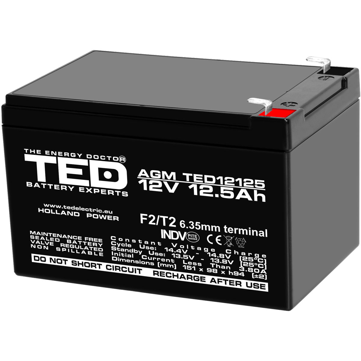 Acumulatori Stationari Etansi - Acumulator 12V Stationar VRLA, Dimensiuni 151 x 98 x 95 mm, Baterie 12V 12.5Ah F2, TED Electric TED002754, globstar.ro