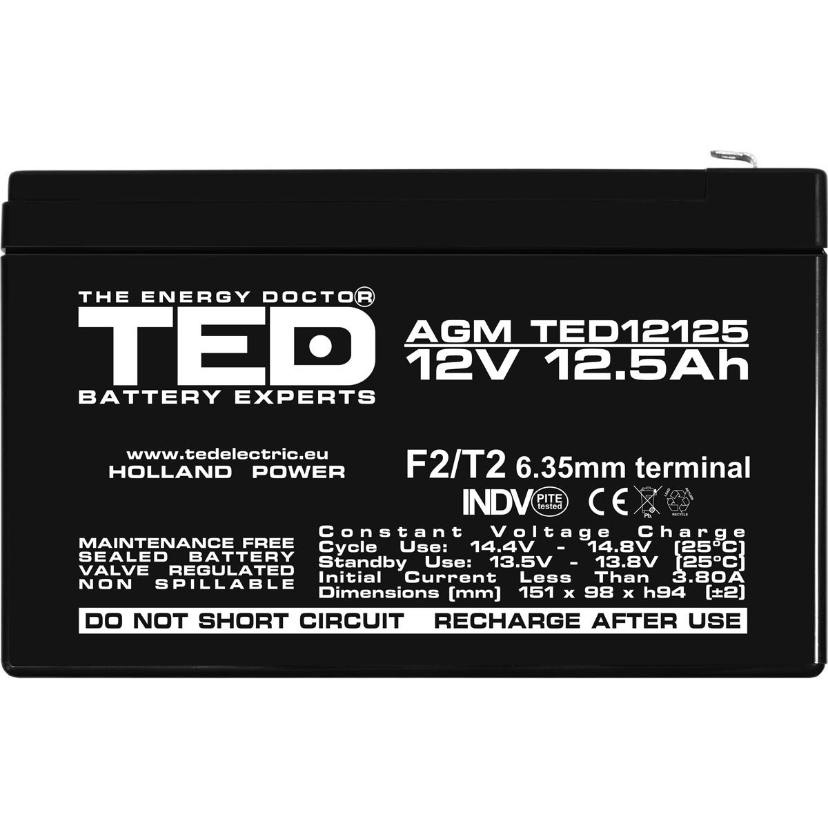 Acumulator 12V Stationar VRLA, Dimensiuni 151 x 98 x 95 mm, Baterie 12V 12.5Ah F2, TED Electric TED002754