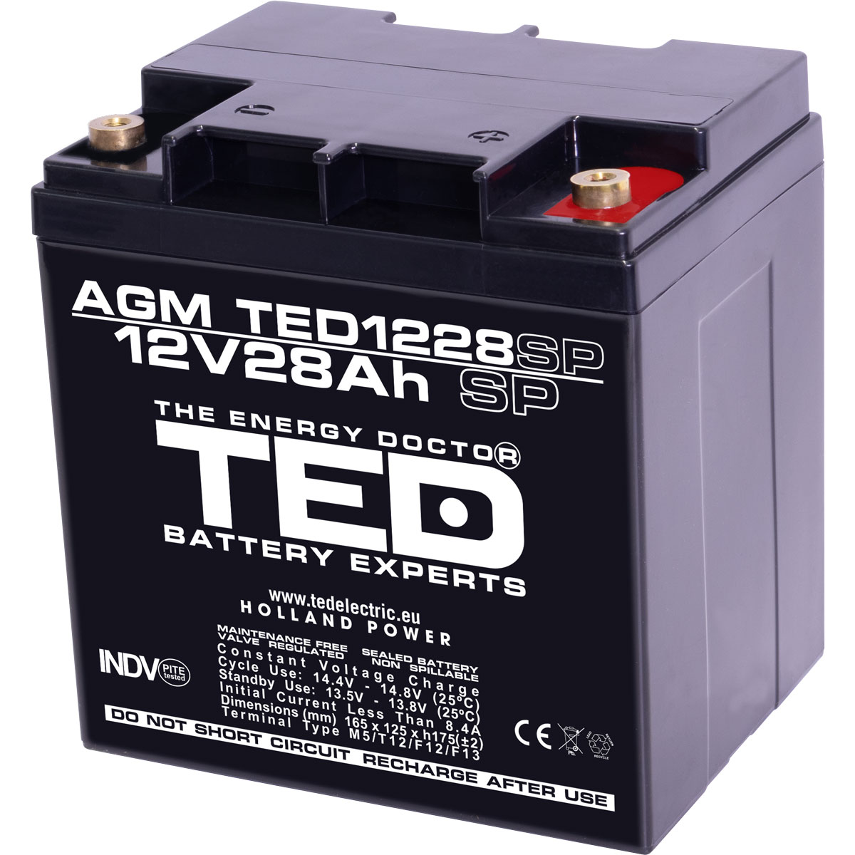 Acumulatori Stationari Etansi - Acumulator 12V Stationar VRLA, Dimensiuni 165 x 125 x 175 mm, Baterie 12V 28Ah M6, TED Electric TED003430, globstar.ro