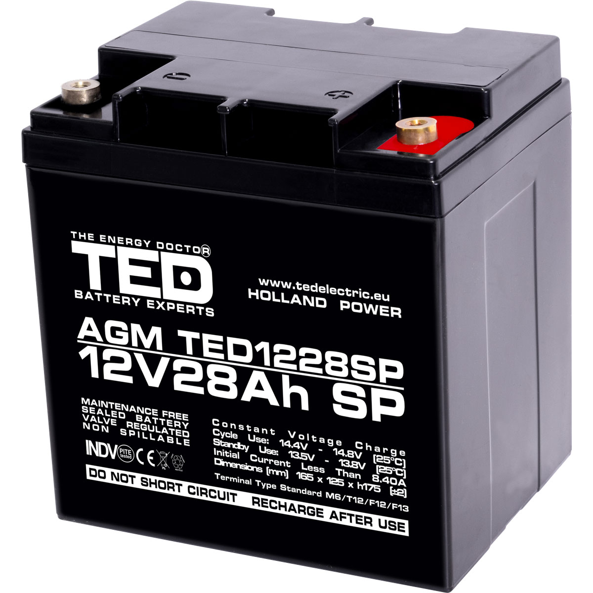 Acumulatori Stationari Etansi - Acumulator 12V Stationar VRLA, Dimensiuni 165 x 125 x 175 mm, Baterie 12V 28Ah M6, TED Electric TED003430, globstar.ro