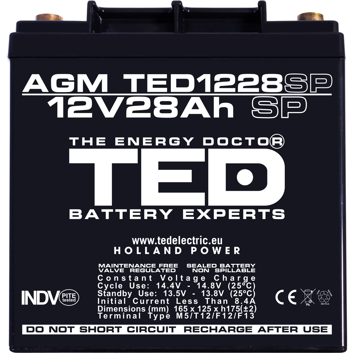 Acumulator 12V Stationar VRLA, Dimensiuni 165 x 125 x 175 mm, Baterie 12V 28Ah M6, TED Electric TED003430